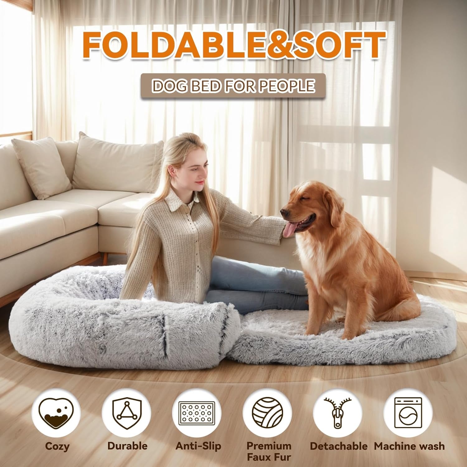 2 in 1 Foldable Large Human Dog Bed Luxury Fur Human Size Dog Bed for People,Waterproof Washable Giant Dog Bed Adjustable Fits Pet Families with Orthopedic Foam Supportive Dog Sofa