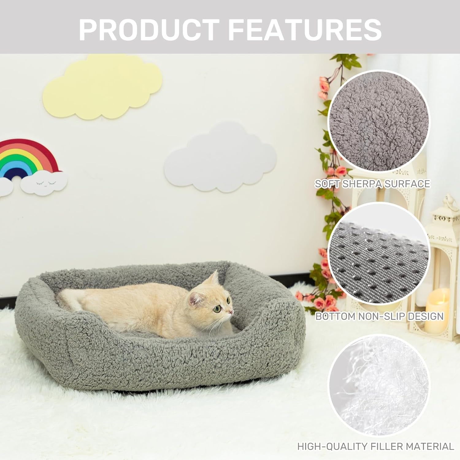 Hollypet Rectangle Pet Bed Sherpa Fleece Dog Bed, Self-Warming Pet Bed for Small-Sized Dogs Cats Sleeping Bag Cushion, Gray