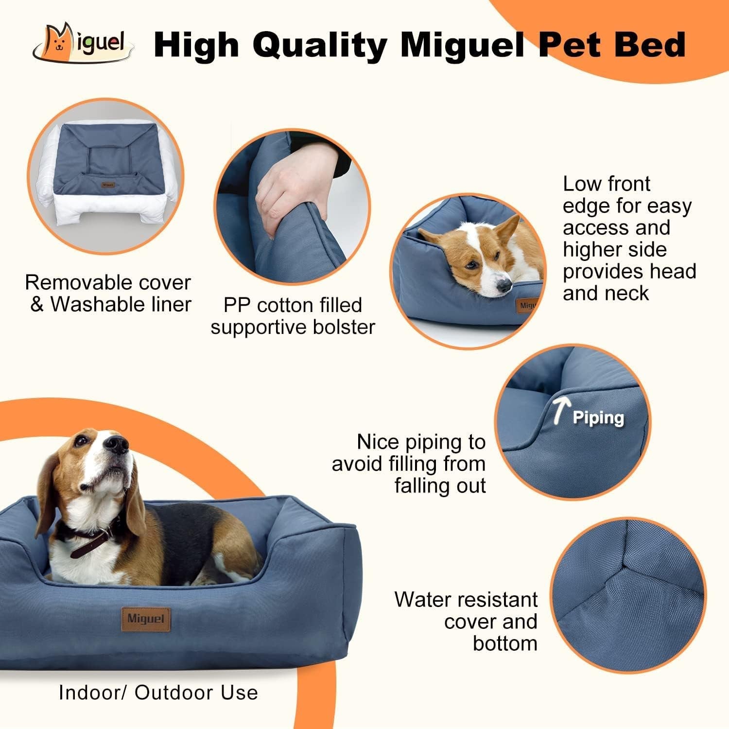 Miguel Waterproof Outdoor Dog Bed for Medium Small Dogs, Oxford Pet Bed Tough with Sides Easy Clean, All Weather Rectangle Puppy Bed with Removable Cover Bolster Bed Scratch Resistant, 30 Inches