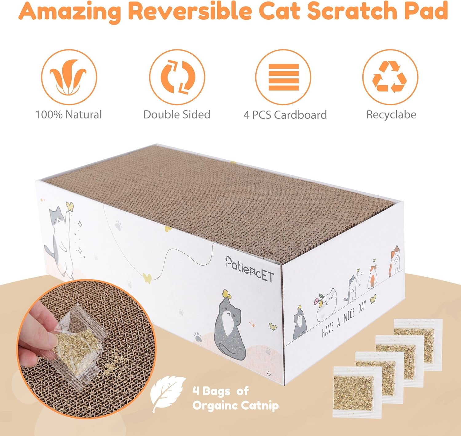 4 Pack Cat Scratch Pad with Box, Cardboard Cat Scratcher for Indoor Cats, Reversible Scratcher with Catnips Box Bed Desigh for Small Medium Cat Kitten, Scratching Board for Cats