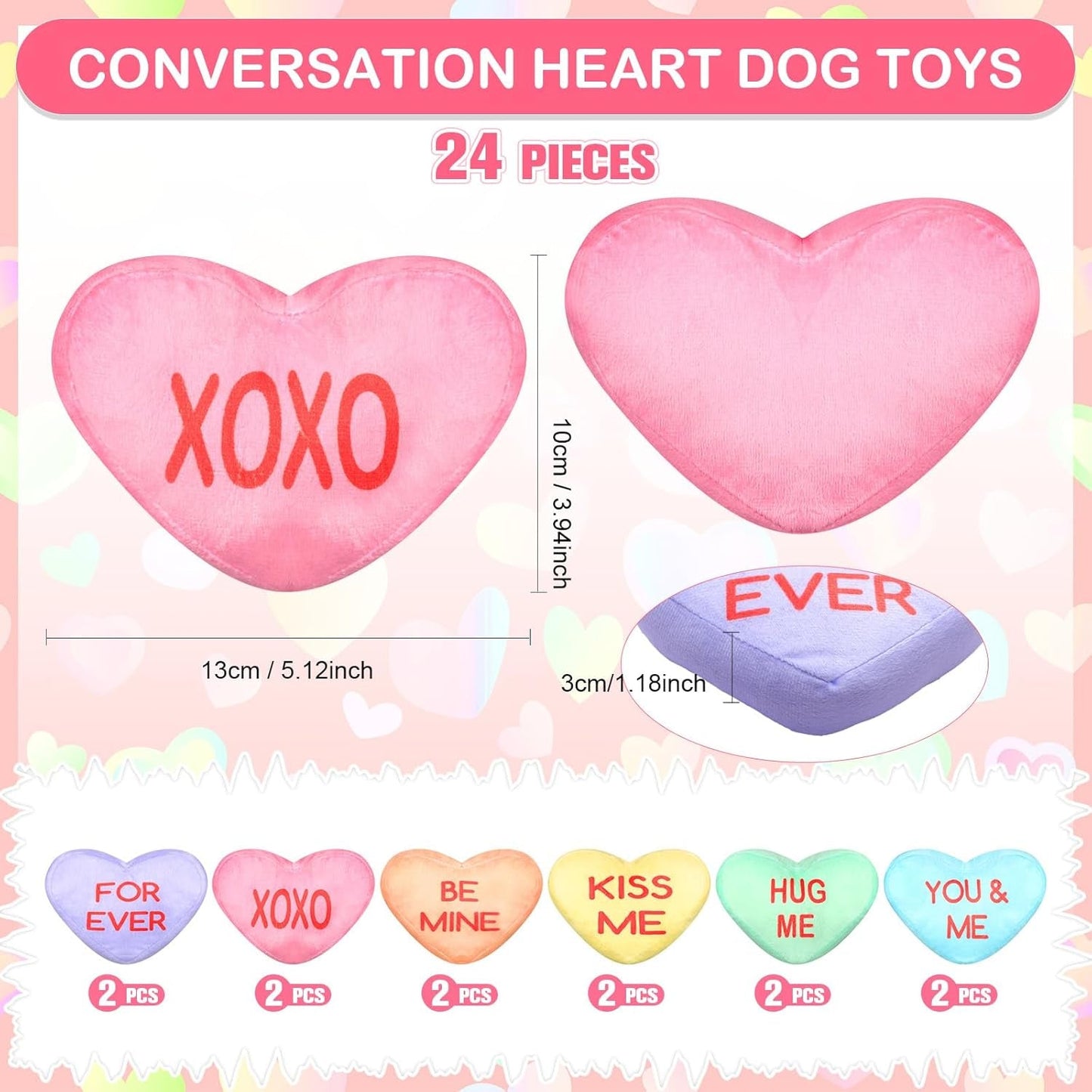 12 Pieces Valentines Day Dog Toy Valentine Heart Gifts for Dogs Conversation Heart Squeak Dog Toys for Small Medium Large Puppy Dogs Teething Chew Toys Valentines Day Pet Costume