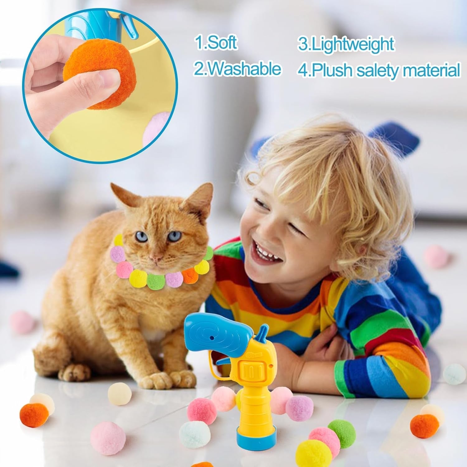 1 Cat Ball Launcher + 80Pcs Cat Toy Balls, Silent Plush Elastic Cat Ball Toy,Interactive Cat Toys for Indoor Cats Kitten Toys,Plush Ball Shoot Gun for Kitty