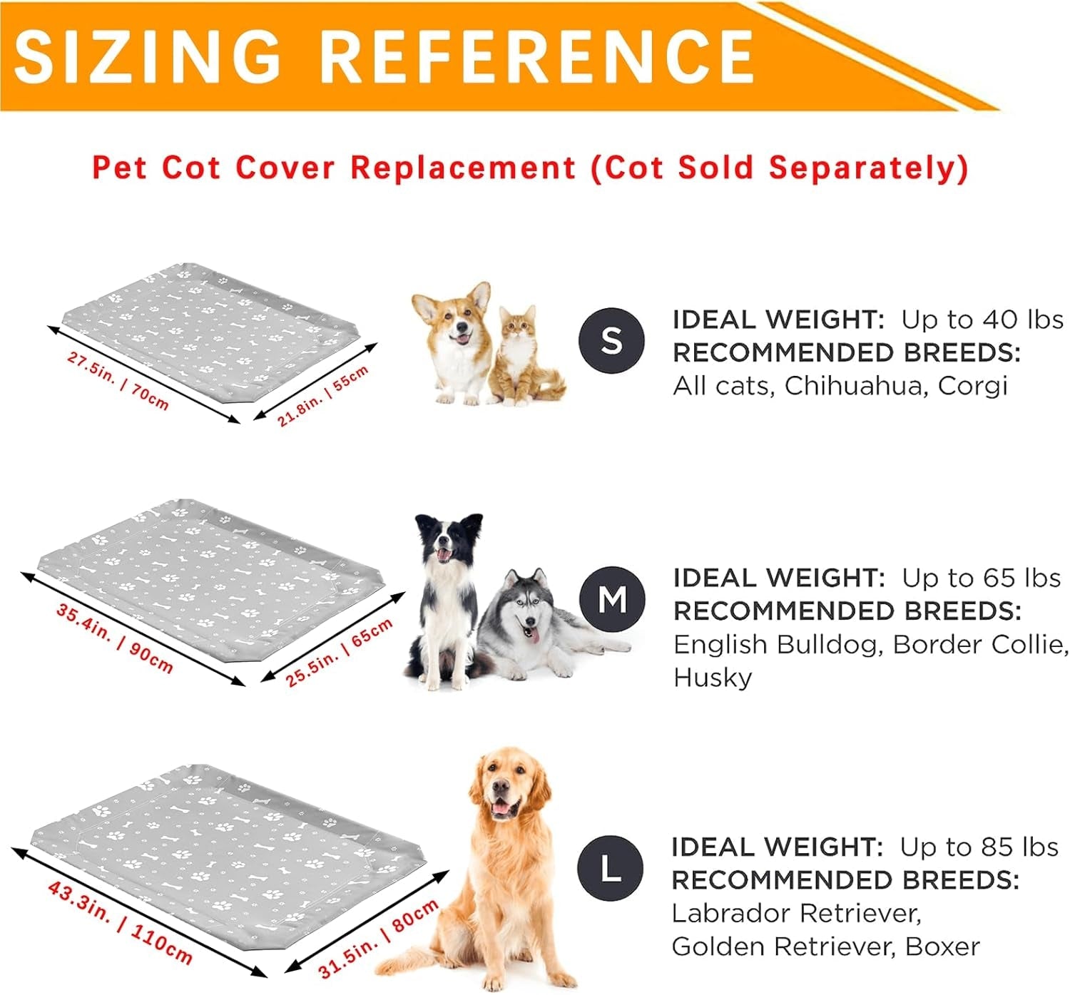 Elevated Dog Bed Pet Bed Replacement Cover, Raised Dog&Cat Bed with Washable Waterproof Mesh, Dog Cot Cat Bed Cover. L(43.3" L X 31.5" W X 7.5" Th) Grey