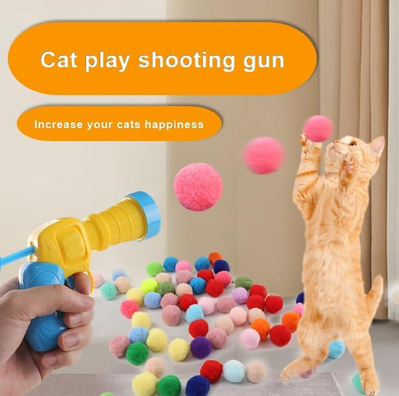 34Pcs Cat Toy Ball Launcher Gun, Cat Balls Fetch Toy, Plush Fuzzy Balls Shooting Cat Toy, a Toy Gun Launcher with 30 Pompoms and 3 Bonus Balls, Interactive Toy for Bored Indoor Cats, Kitten Pet Toys