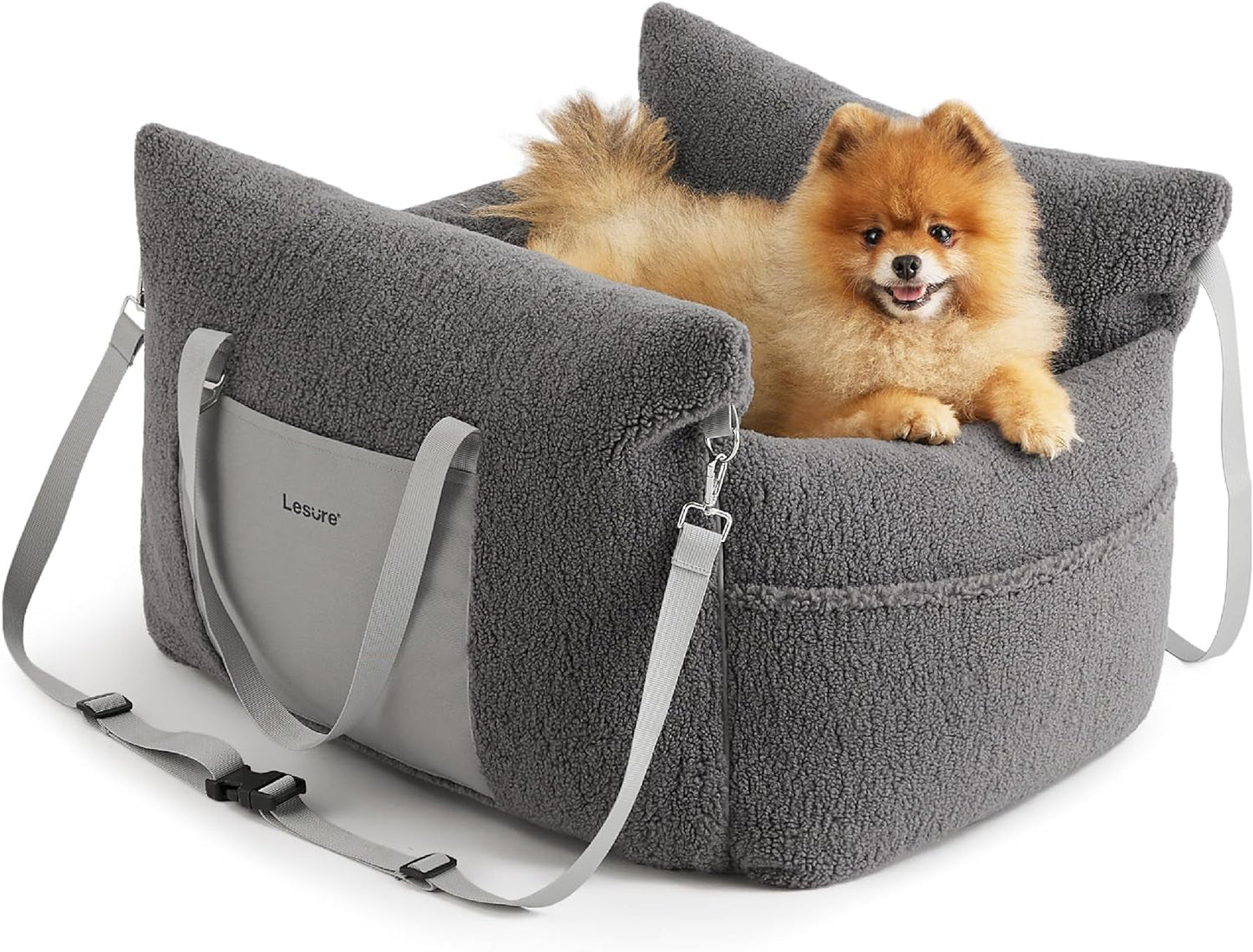 Lesure Small Dog Car Seat for Small Dogs - Sherpa Dog Booster Seat for Car with Storage Pockets and Clip-On Safety Leash and Thickened Memory Foam Filling, Puppy Travel Carrier Bed, Espresso