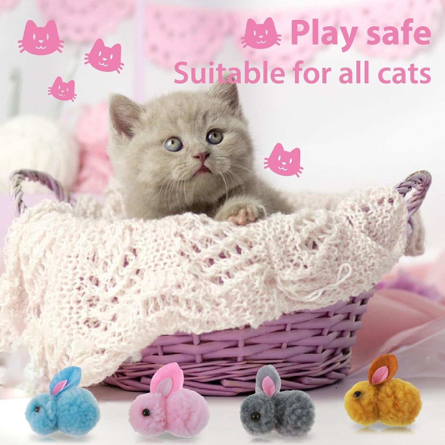 10Pcs Cat Plush Toy Balls, Cute Bunny Shape Kitten Pompom Soft Kittens 5.5Cm/2.16In Puff Ball Indoor Fun Colorful Cat Ball Toy Cat Pom Pom Balls for Pet