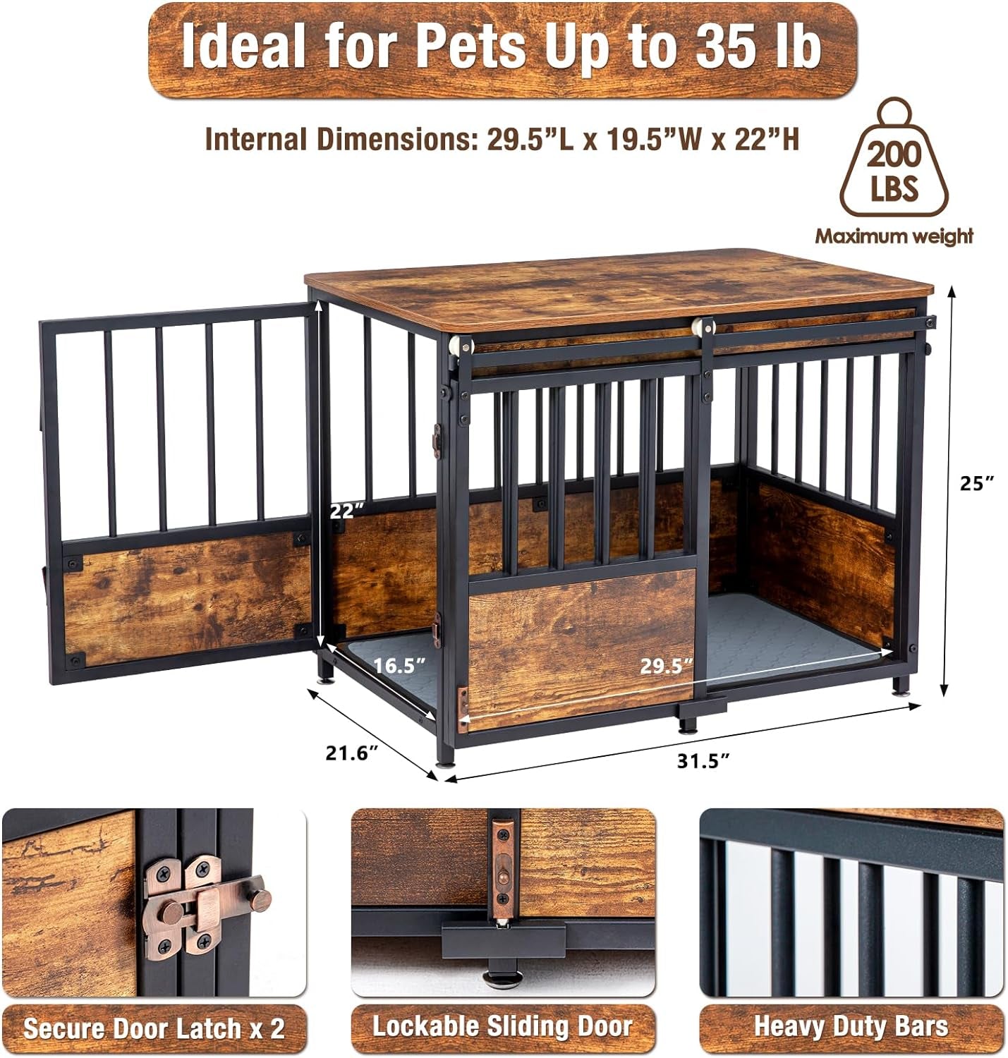 KOOPRO 32 Inch Dog Crate Furniture with Cushion for Large Medium Dogs, Wooden Heavy Duty Dog Kennel with Double Doors, Decorative Pet House Dog Cage Side End Table Indoor, Sliding Door Chew-Resistant