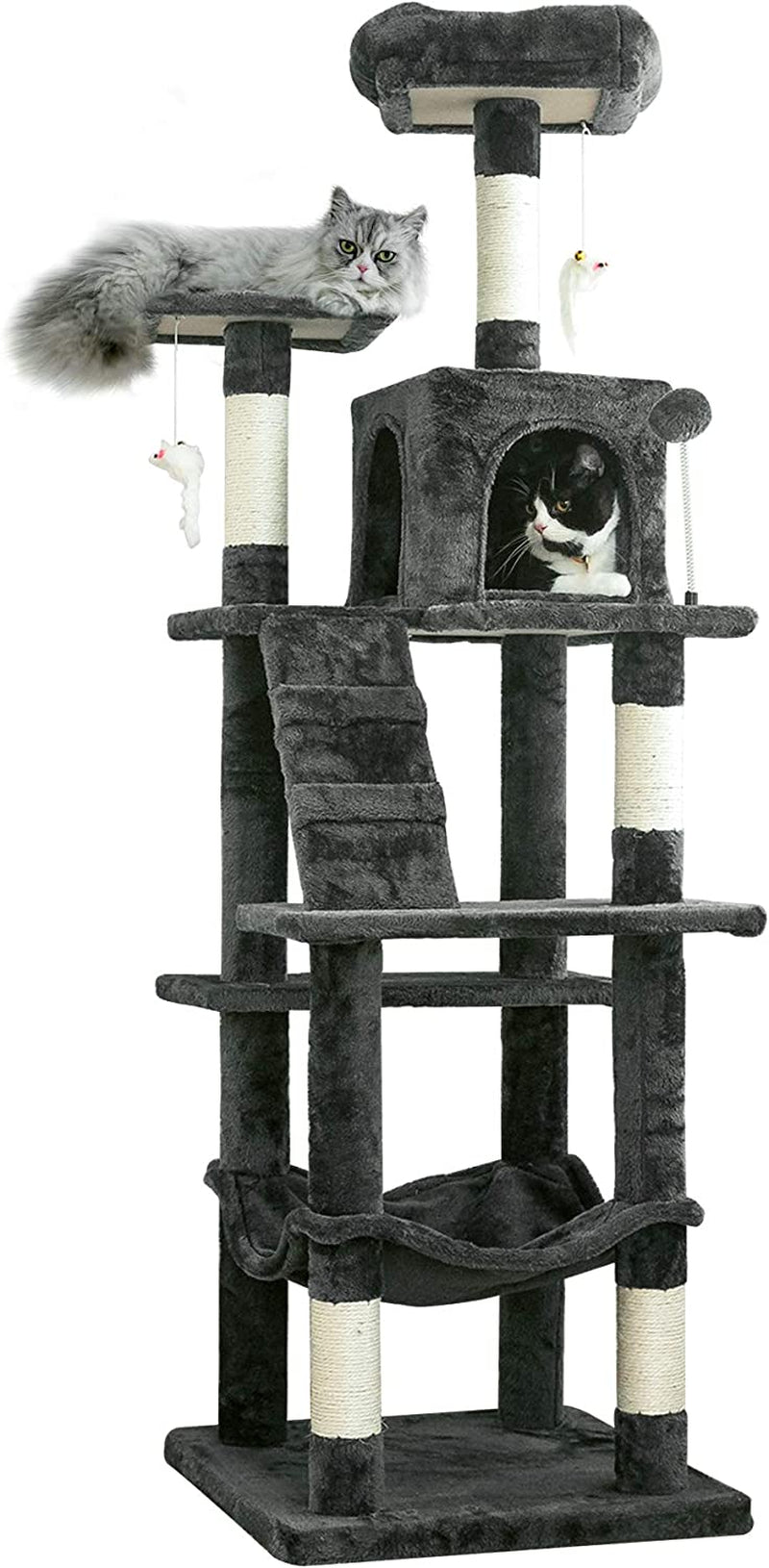 MWPO 63.8 Inches Multi-Level Cat Tree for Large Cats with Sisal-Covered Scratching Posts, Padded Platform, Hammock and Condo,Stable Cat Tower Cat Condo Pet Play House-Light Gray