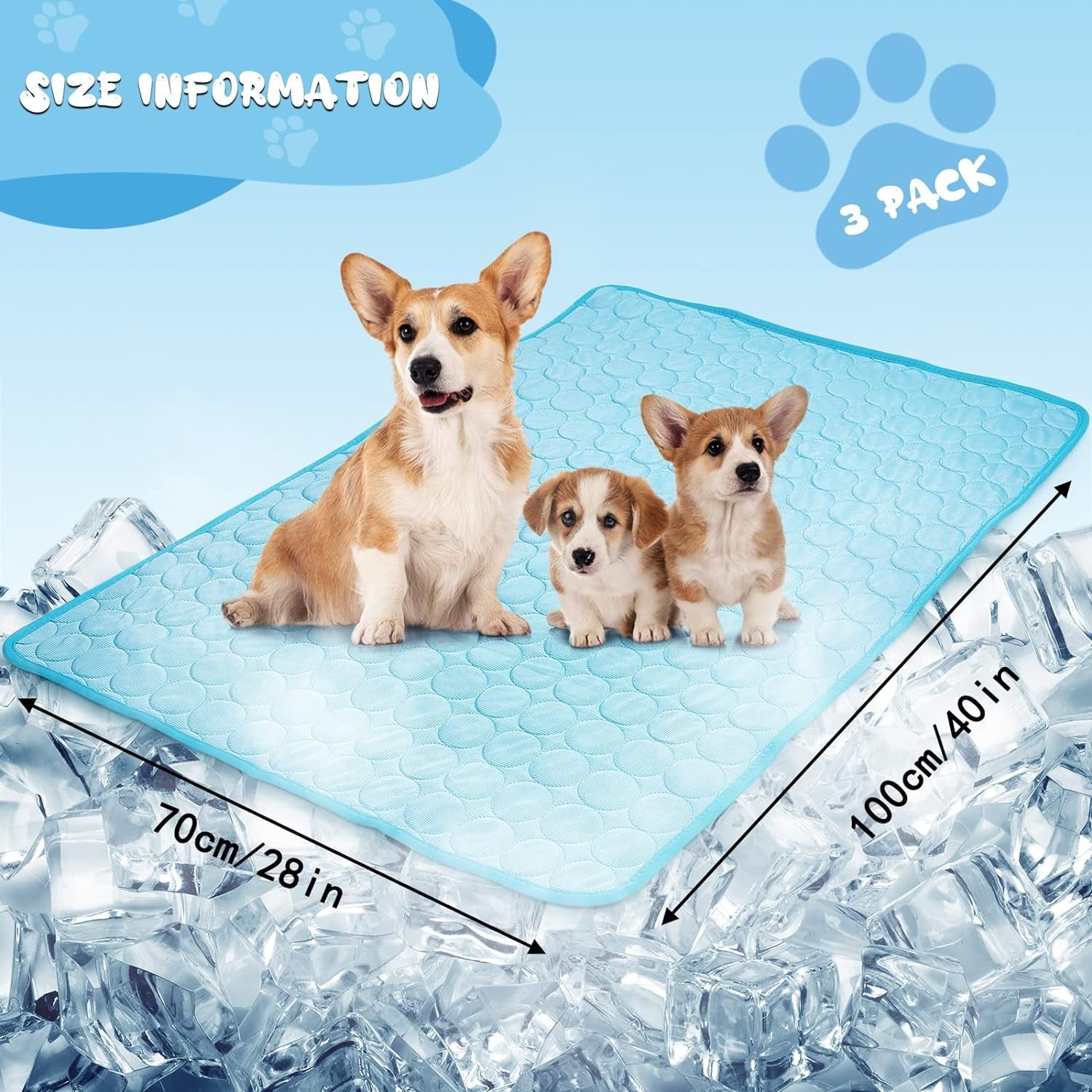 3 Pack Cooling Pad for Dog 40 X 28 in Summer Washable Dog Cooling Mat Sleeping Pad Water Absorption Top Breathable Pet Blanket Crate Pad Portable for Small Medium Large Pet Outdoor or Home Use, Blue