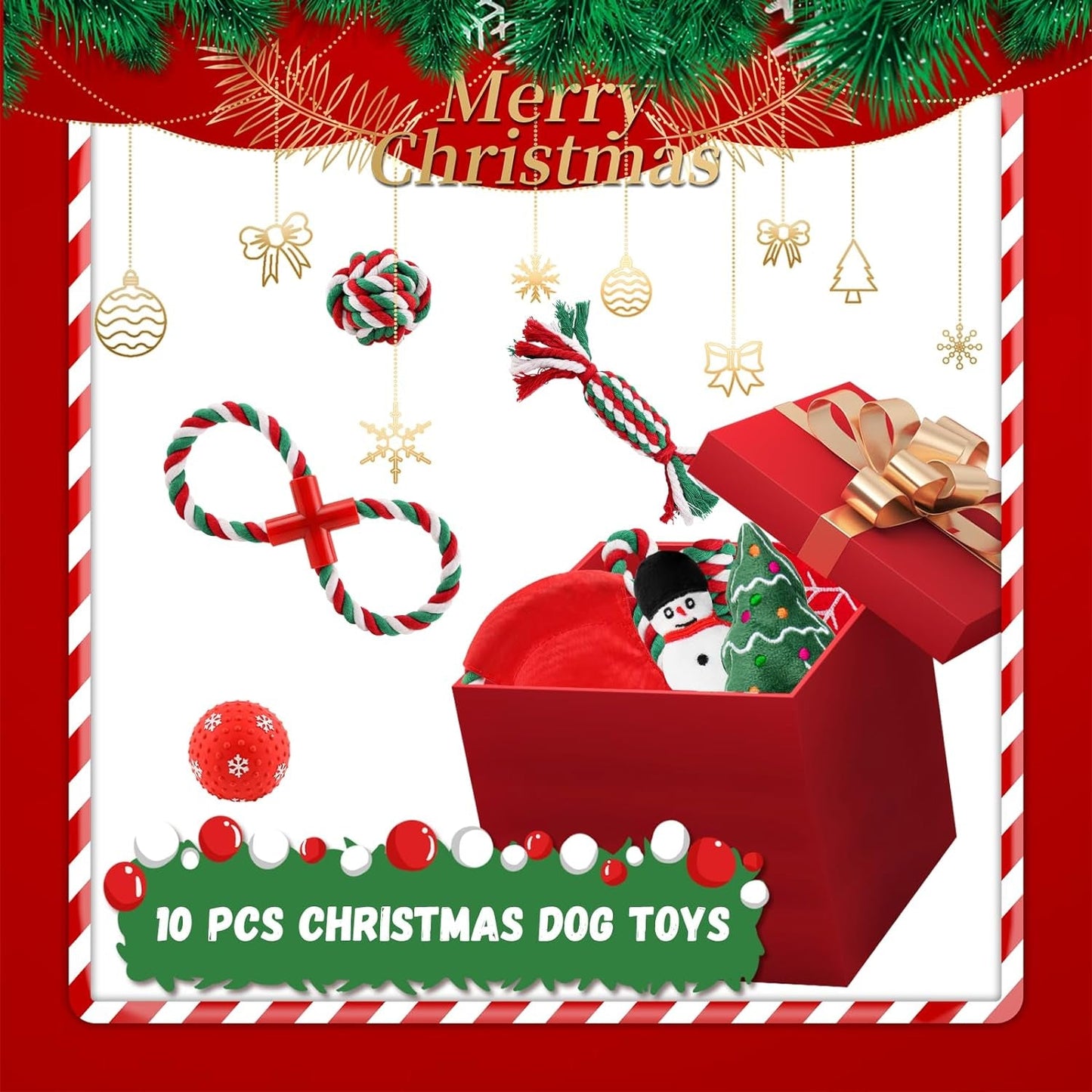 10 Pack Christmas Dog Toys Set, Xmas Gifts Pets Toys for Puppy, Dog Chew Toys with Rope Ball Toys, Interactive Dog Toys and Squeaky Toy for Small Medium Dog