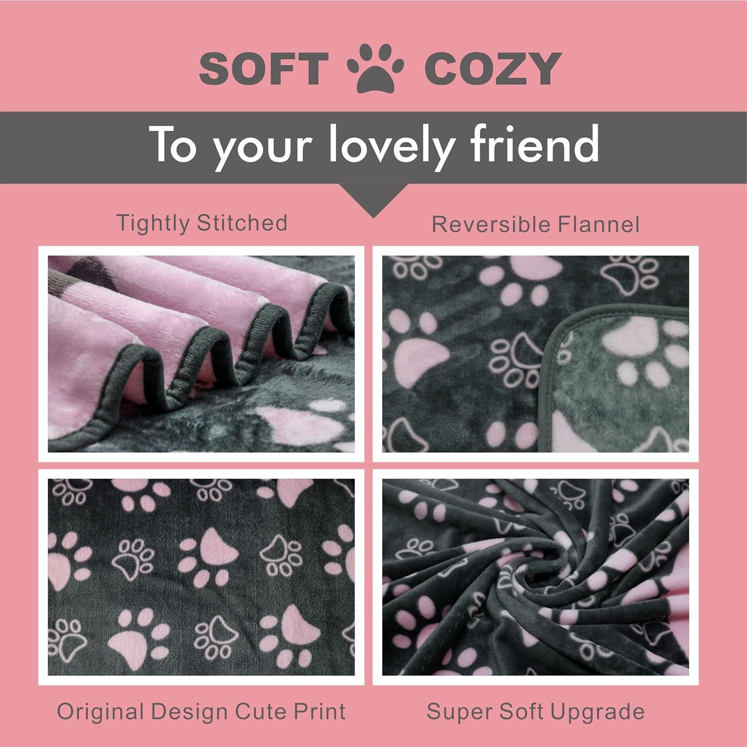 Dog Blanket, Grey Pink Flannel Fleece Blanket for Small Medium Dogs, Pet Puppy Blankets Gift for Kitten Cat, Cute Paw Print Blanket for Bed Cover, Couch, Crate, 41X31 Inch