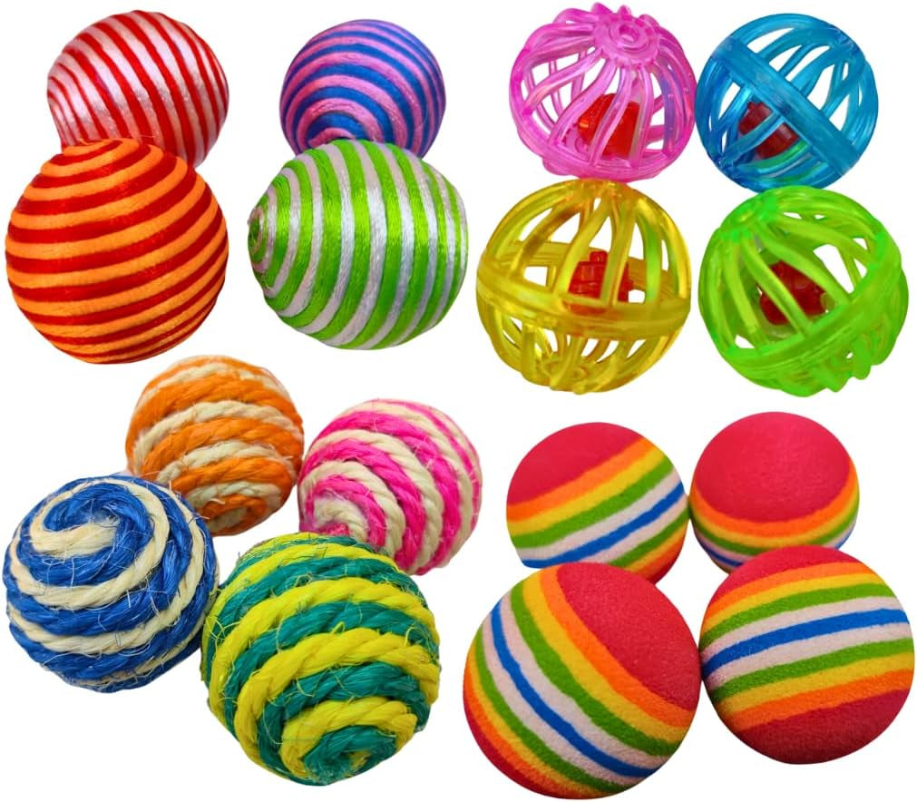 32 PCS Cat Toys, Kitten Cat Ball Toys Assortments, Including Rainbow Ball, Crinkle Ball, Sparkle Ball, Bell Balls, Sisal Ball, Linen Ball for Cats and Kitten