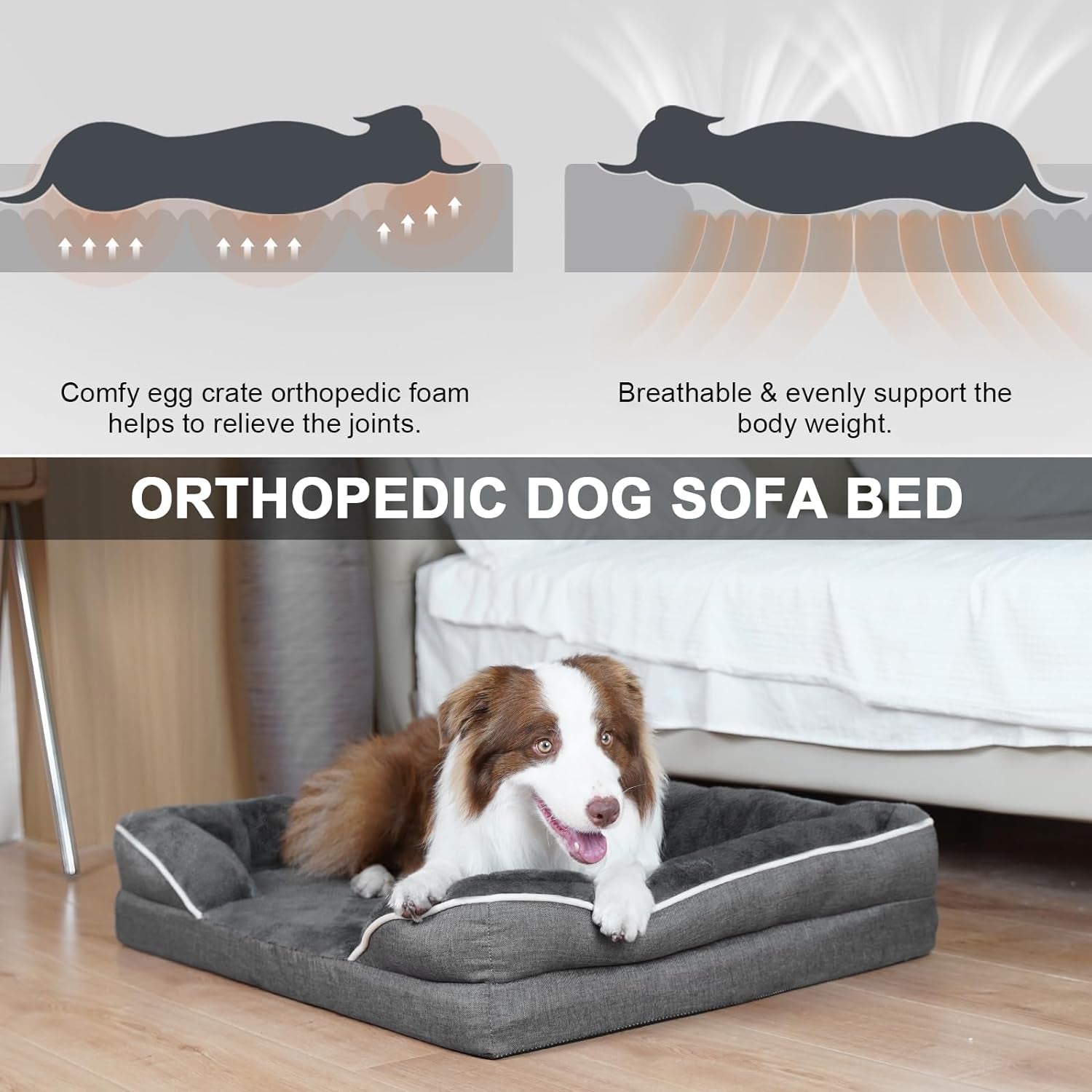 Dog Beds for Large Dogs, Washable Large Dog Bed, Dog Couch Bed for Comfortable Sleep, Orthopedic Egg Foam Bolster Dog Bed with Removable Washable Cover and Nonskid Bottom Couch, Pet Bed