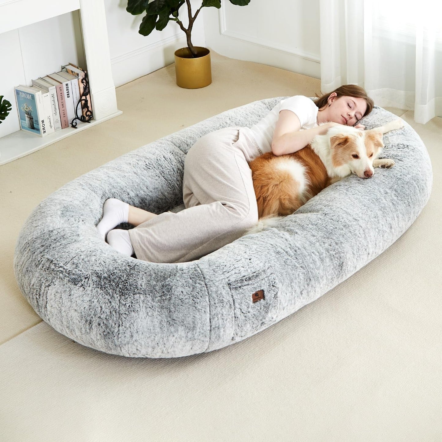 Human Dog Bed for Adult, Fluffy Faux Rabbit Fur Human Size Dog Bed Better Sleeping, Supportive with Orthopedic Memory Foam Mats, Giant Dog Bean Bag Bed, 72"X42"X12", Grey