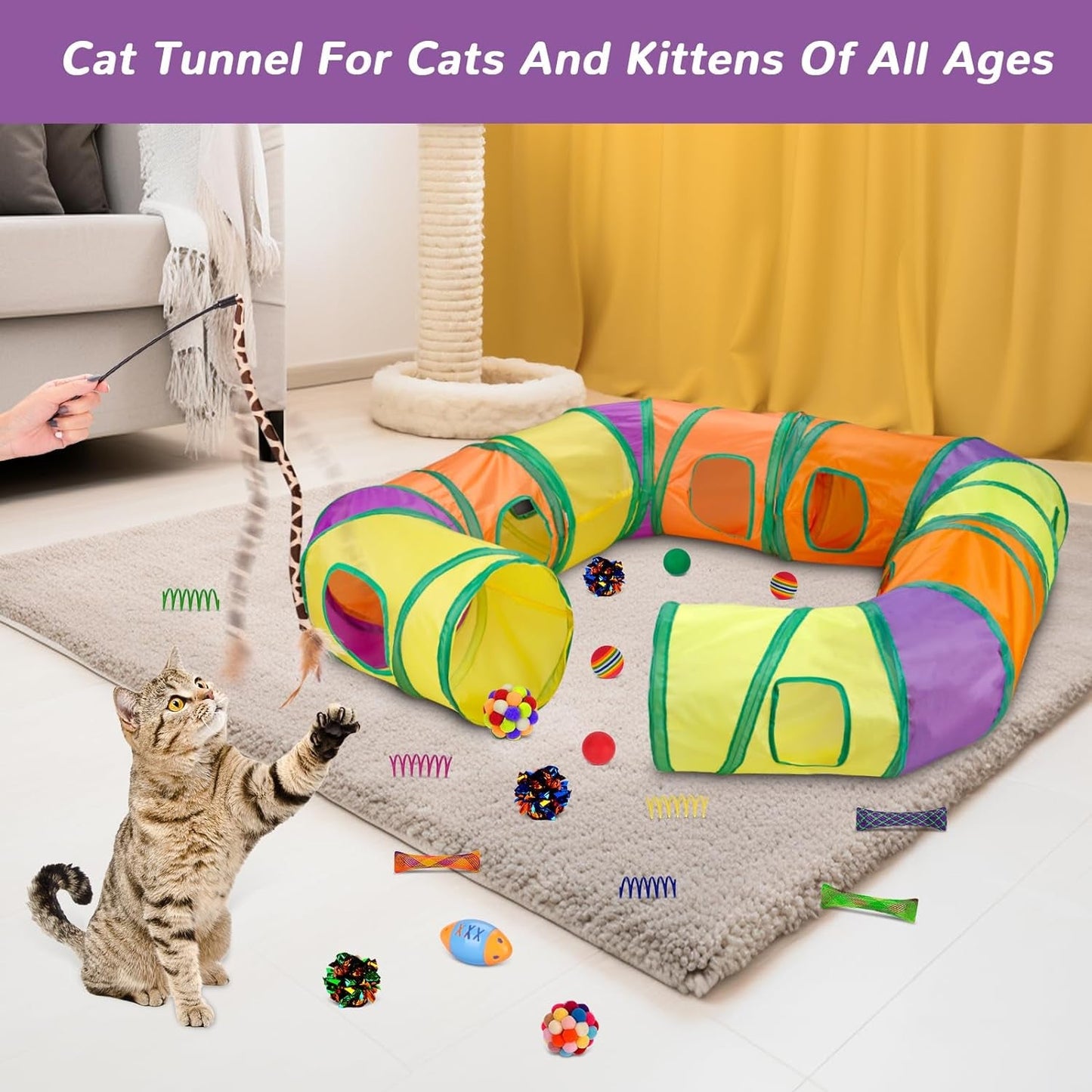 25 Pcs Cat Toys Set,Kitten Toys for Indoor Cats,Collapsible Cat Tunnel Tubes Interactive Feather Teaser Wand Toy for Kitten Cats Springs Mouse Crinkle Toys Rainbow Football Cat Ball with Bell Toy