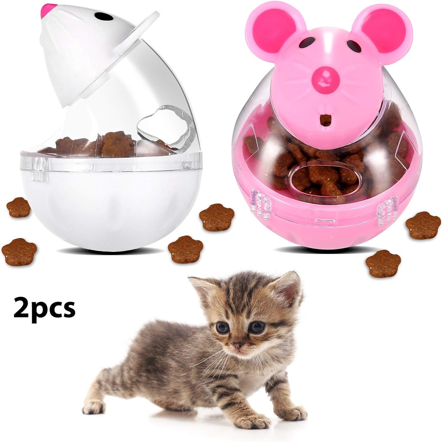 4 Pcs Cat Food Ball Dispenser, Small Cat Food Balls Slow Feeder Mice Shaped Tumbler Cat Food Toy Cat Treat Toy Feeder Toy for Interactive Training(Pink,White)