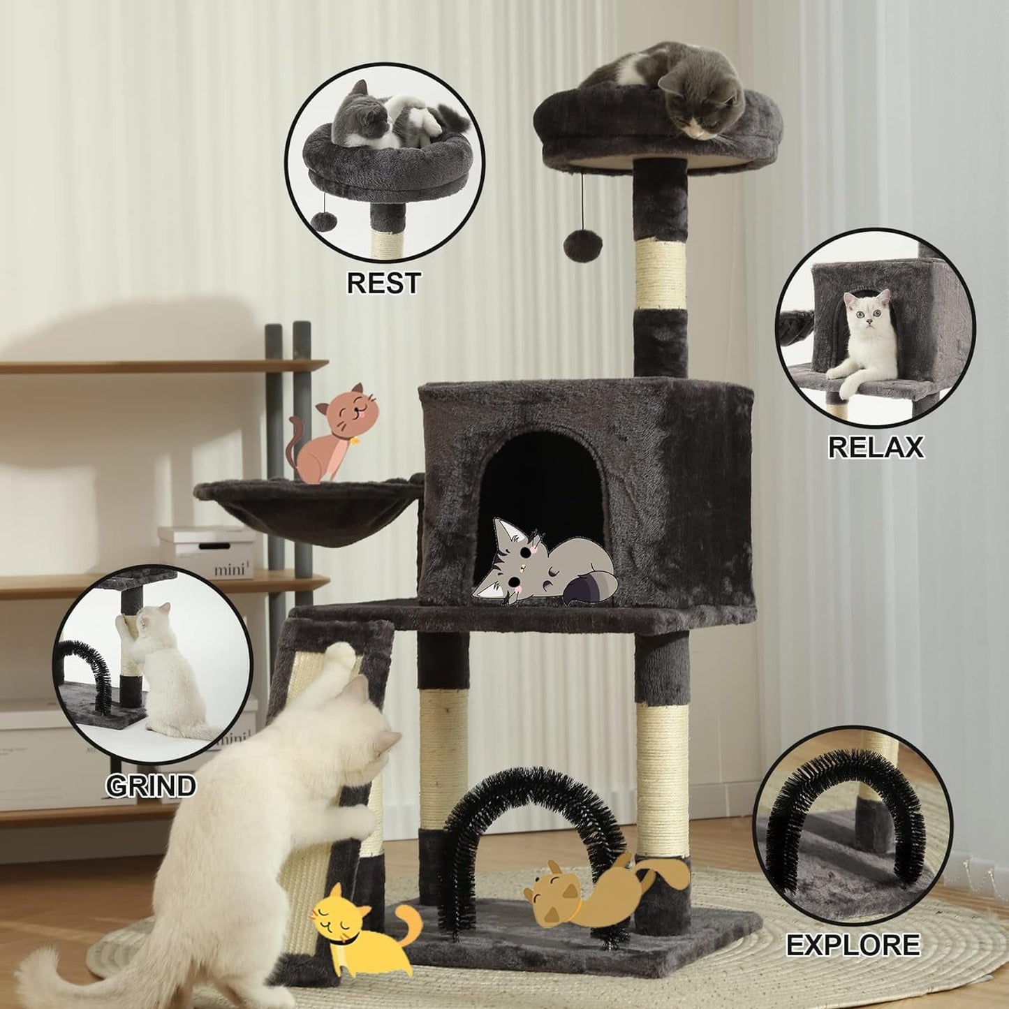 HOOPET Cat Tree,44 Inches Cat Tower for Indoor Cats, Multi-Level Cat Activity Center with Scratching Posts&Board， Extra Large Viewing Perch, Cozy Napping Hammock, and Privacy Condo for Kittens/Cats