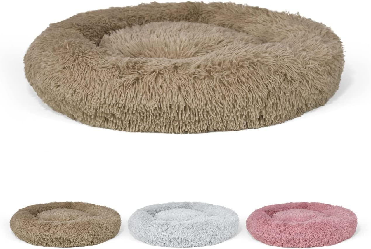 24/30 Inch Calming Donut Pet Bed for Small/Medium Cats and Dogs, Anti-Slip Bottom, Washable, Anti-Anxiety Fluffy round Cat Bed, Indoor Shaggy Cuddler Cotton Candy Brown, Light Gray, Pink Bed