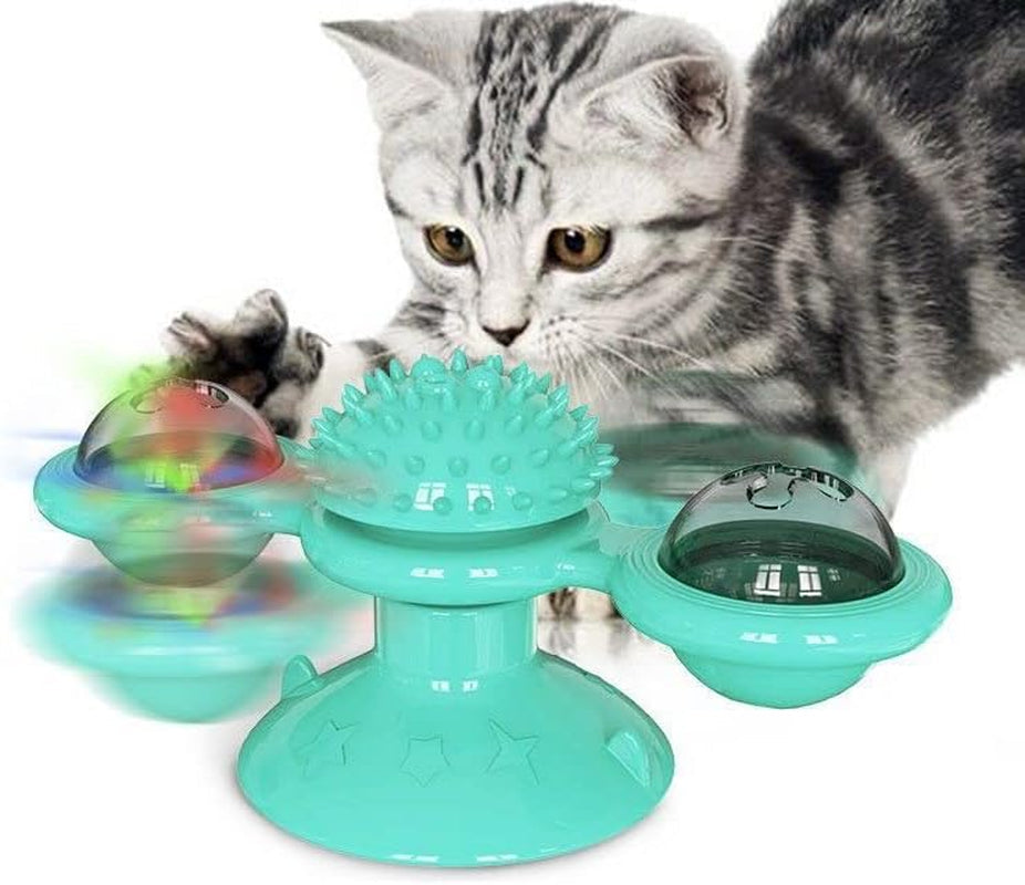 Kitty Windmill Toy Ruffle Light up Rotating Scratching Cat Turntable Toy (Red Blue)