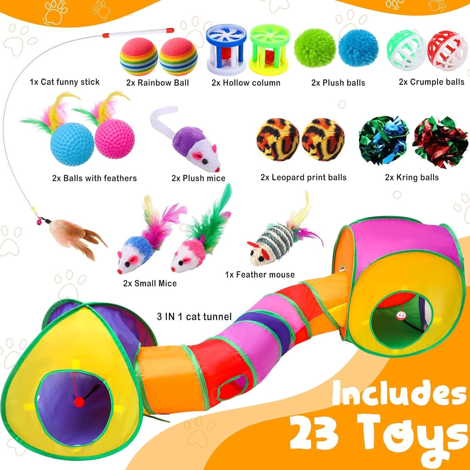 21 Pcs Cat Tunnels for Indoor Set, 3 In1 Collapsible Cat Tunnel Toy with Cube Tent Toys Combo and 20 Pcs Interactive Kitty Toys Cat Feather Toy Fluffy Mouse Crinkle Balls for Kitten Puppy