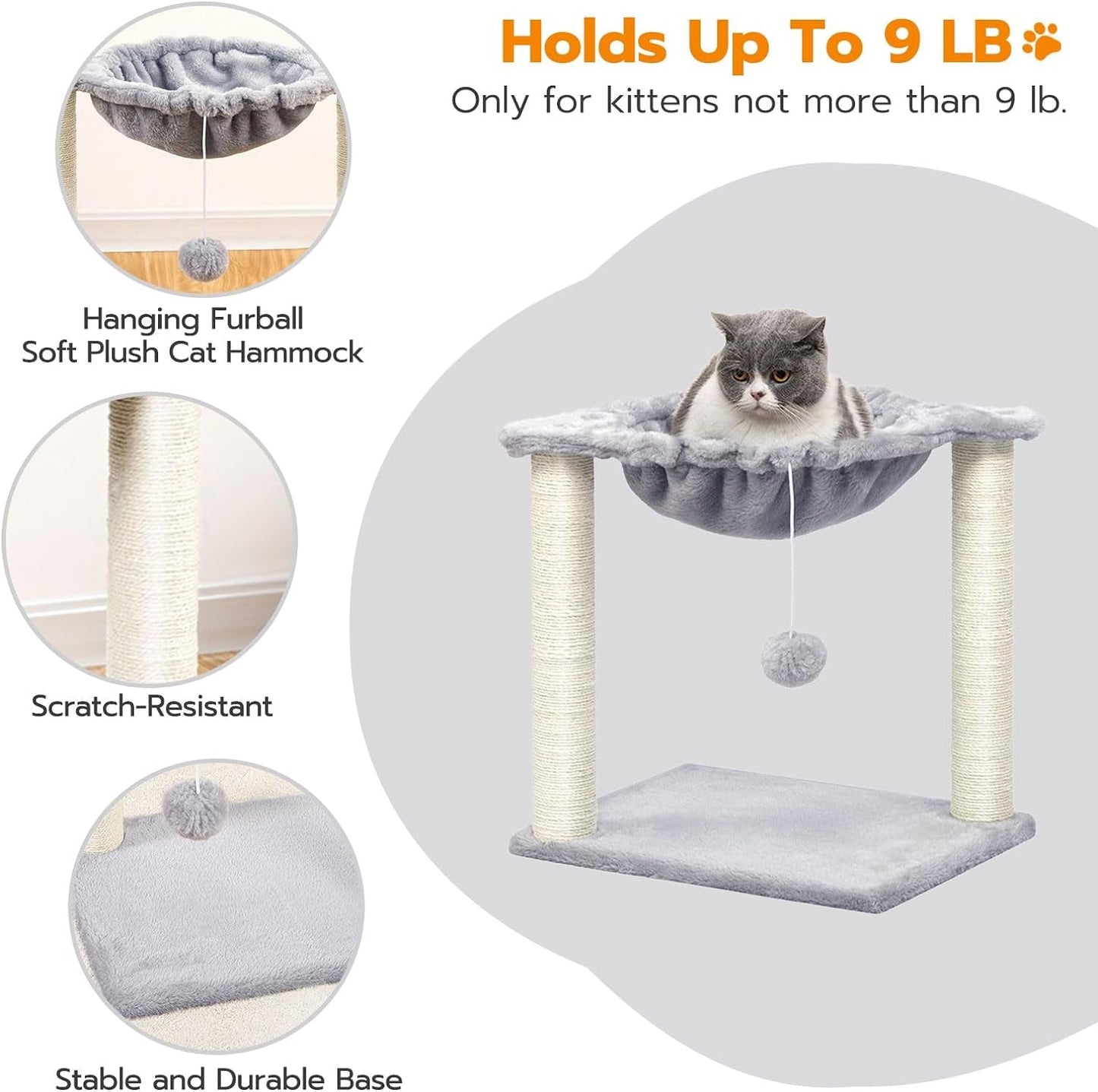 HOOBRO Cat Tree, Small Kittens Tower, 15.7 X 11.8 X 16.5 Inches, Hammock with Sisal Scratching Posts, Pet House Furniture, Light Gray LG08CT03