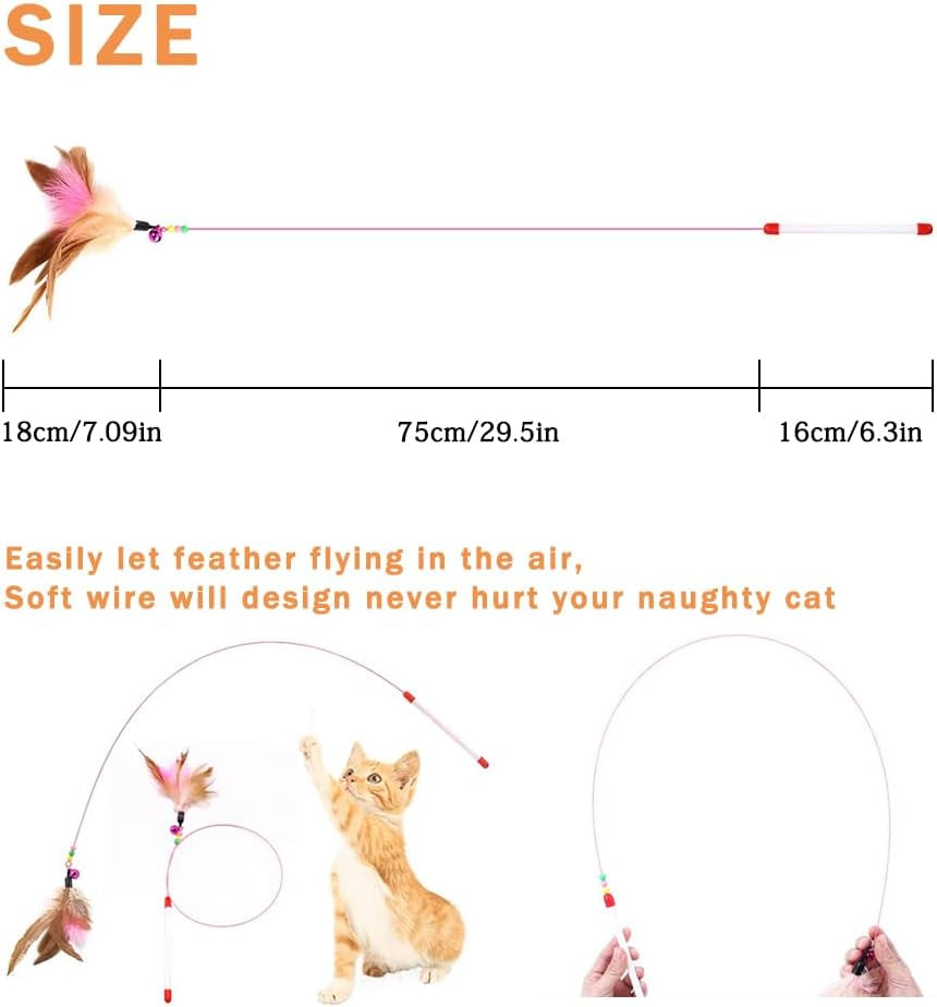 20 Pack Cat Feather Toy, Cat Toys Wand, Interactive Pet Cat Kitten Chaser Teaser Wire Wand with Bell Beads for Cat Exercise Play Fun Gifts - Wholesale