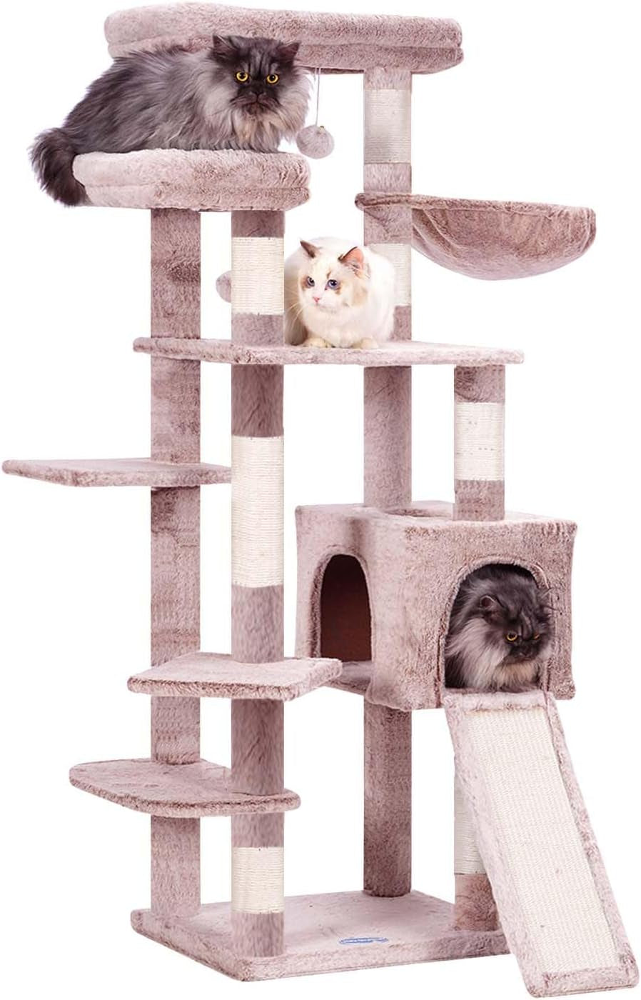 Hey-Brother Cat Tree for Indoor Cats, 62.6" Cat Tower with Scratching Post, Cat Condo with Two Large Platforms, Hammock, Big Scratcher, Smoky Gray MPJ029G