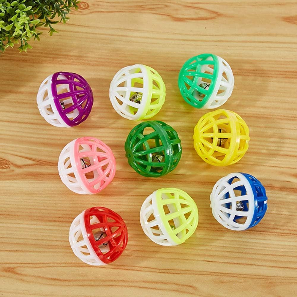 1.5 Inch Cat Toy Ball with Bell, Plastic Lattice Jingle Balls Kitten Chase Pounce Rattle Toy Pet Training Supplies Random Color(10Pcs)