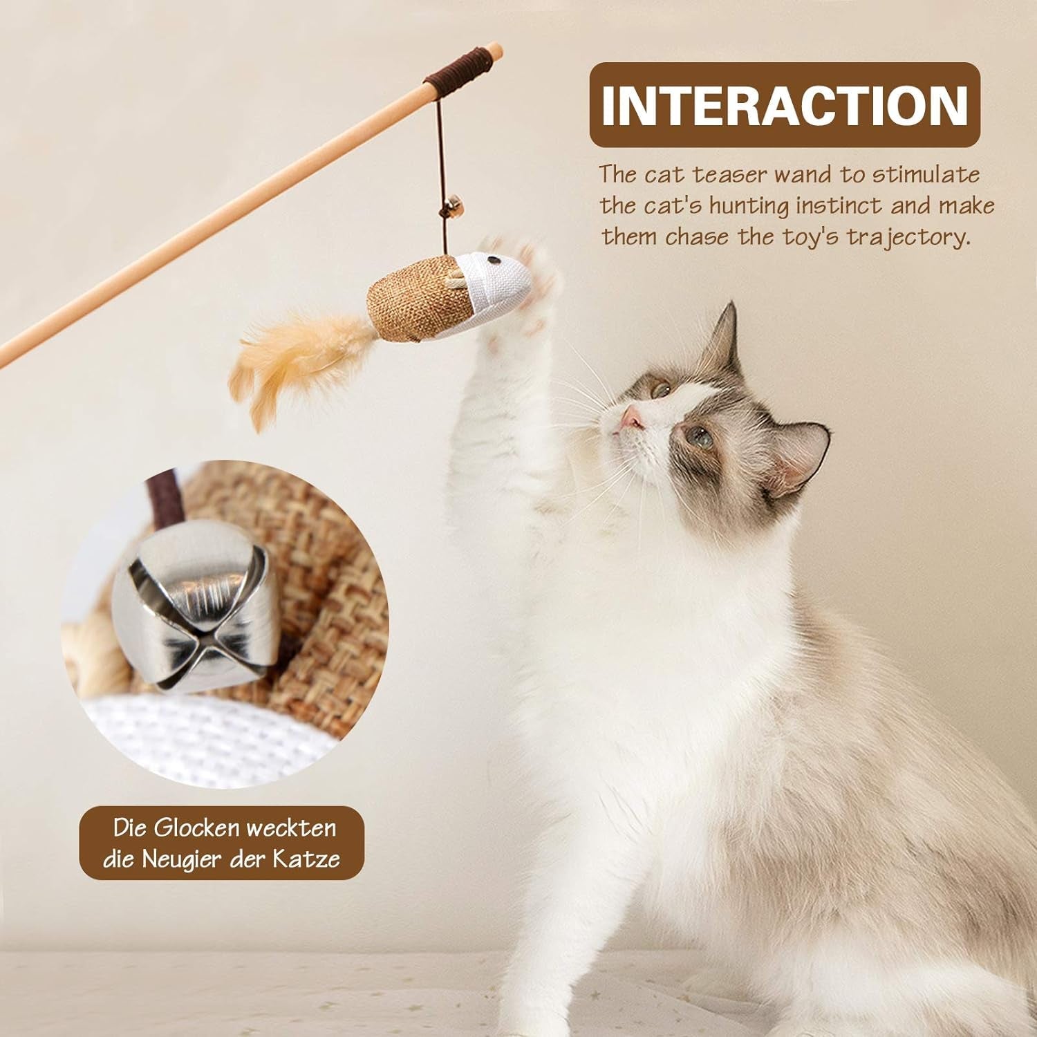 3 PCS Cat Wand Toys, 16 Inch Natural Wooden Cat Teaser Wand Toys with 5 PCS Silvervine Sticks for Cat, Interactive Cat Feather Wand Toy for Indoor Cats, Elastic String Cat Pole Toy with Bell, Feather