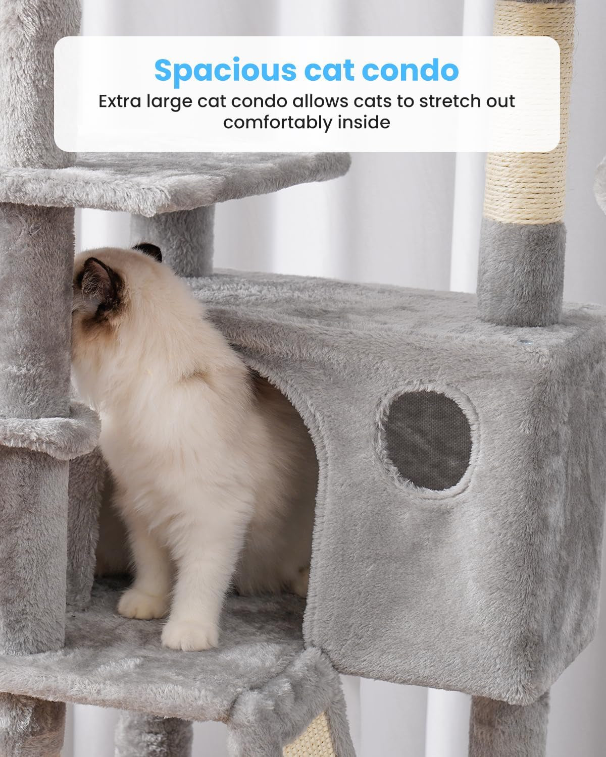 Hey-Brother Cat Tree, 53 Inch Cat Tower for Indoor Cats, Cat House with Padded Platform Bed, Toy Balls, Large Cozy Condo, Hammocks and Sisal Scratching Posts, Light Gray MPJ019-SW