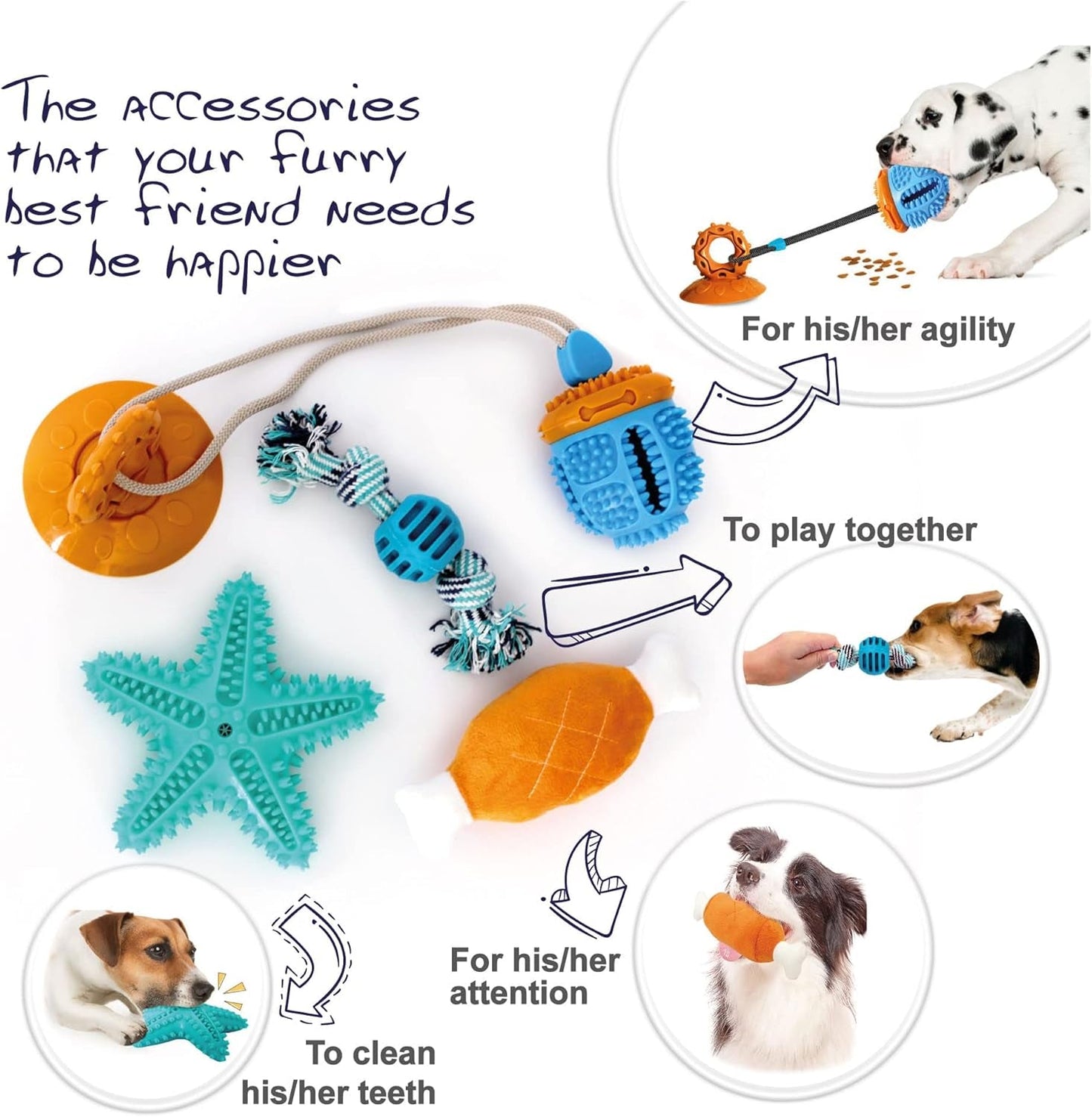 4 Pack-Interactive Toys for Dogs. Suction Cup Toy, Wind up Toy, Squeaking Chicken Leg, Rope to Pull, Teeth Cleaning, Food Dispensing, Squeeze, Chewing, Training Agility. Accessories for Most Puppies.