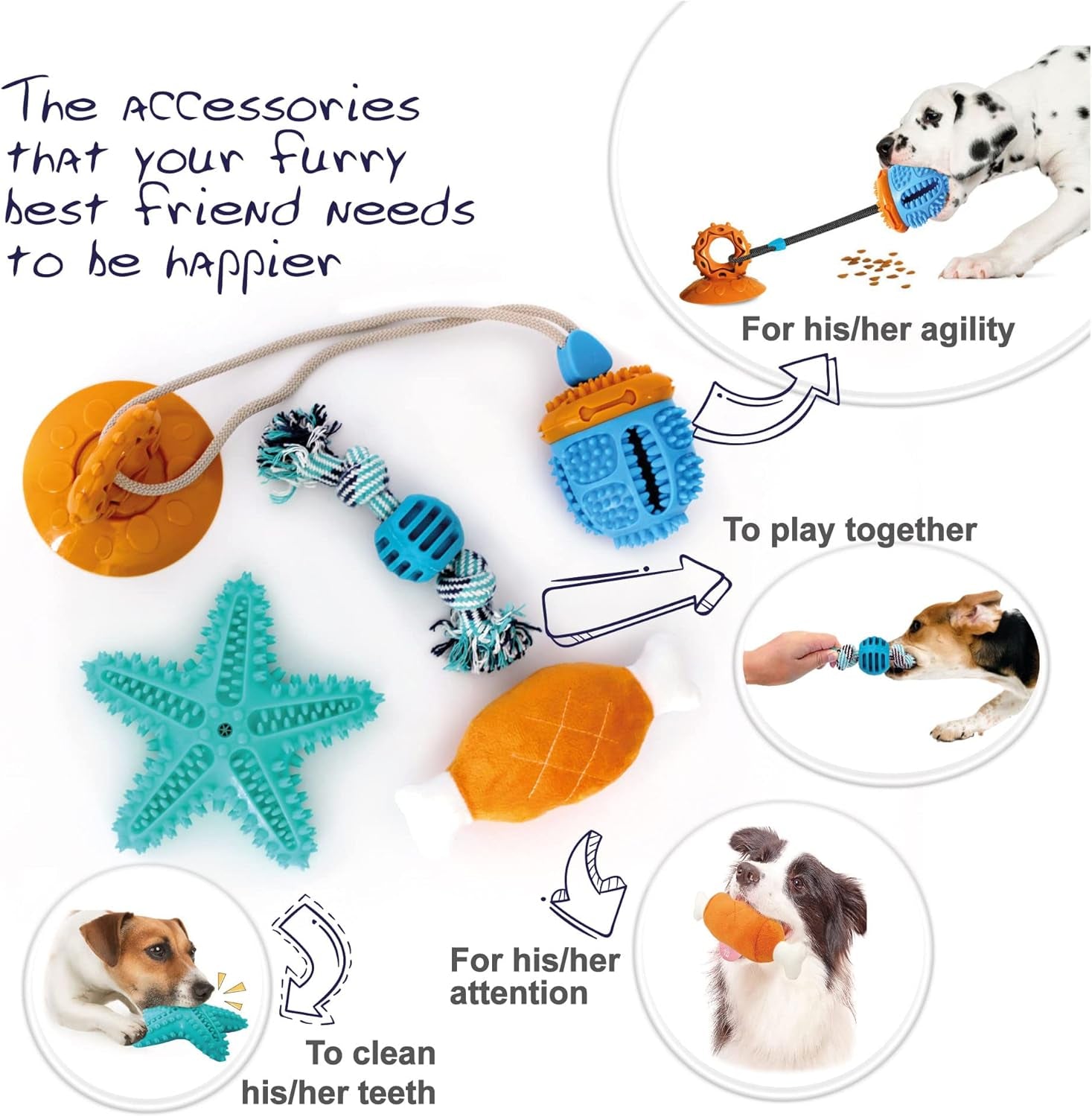 4 Pack-Interactive Toys for Dogs. Suction Cup Toy, Wind up Toy, Squeaking Chicken Leg, Rope to Pull, Teeth Cleaning, Food Dispensing, Squeeze, Chewing, Training Agility. Accessories for Most Puppies.