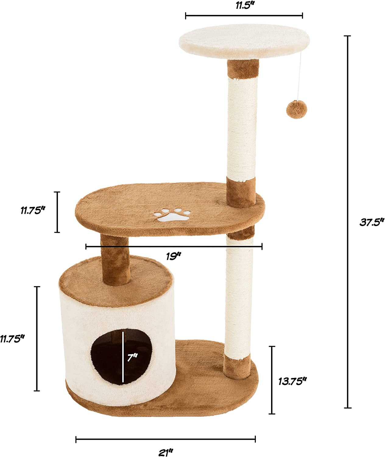 3-Tier Cat Tree - 2 Napping Perches, Kitten Condo, 2 Sisal Rope Scratching Posts, and Hanging Toy - Tower for Indoor Kitties by PETMAKER (Brown)