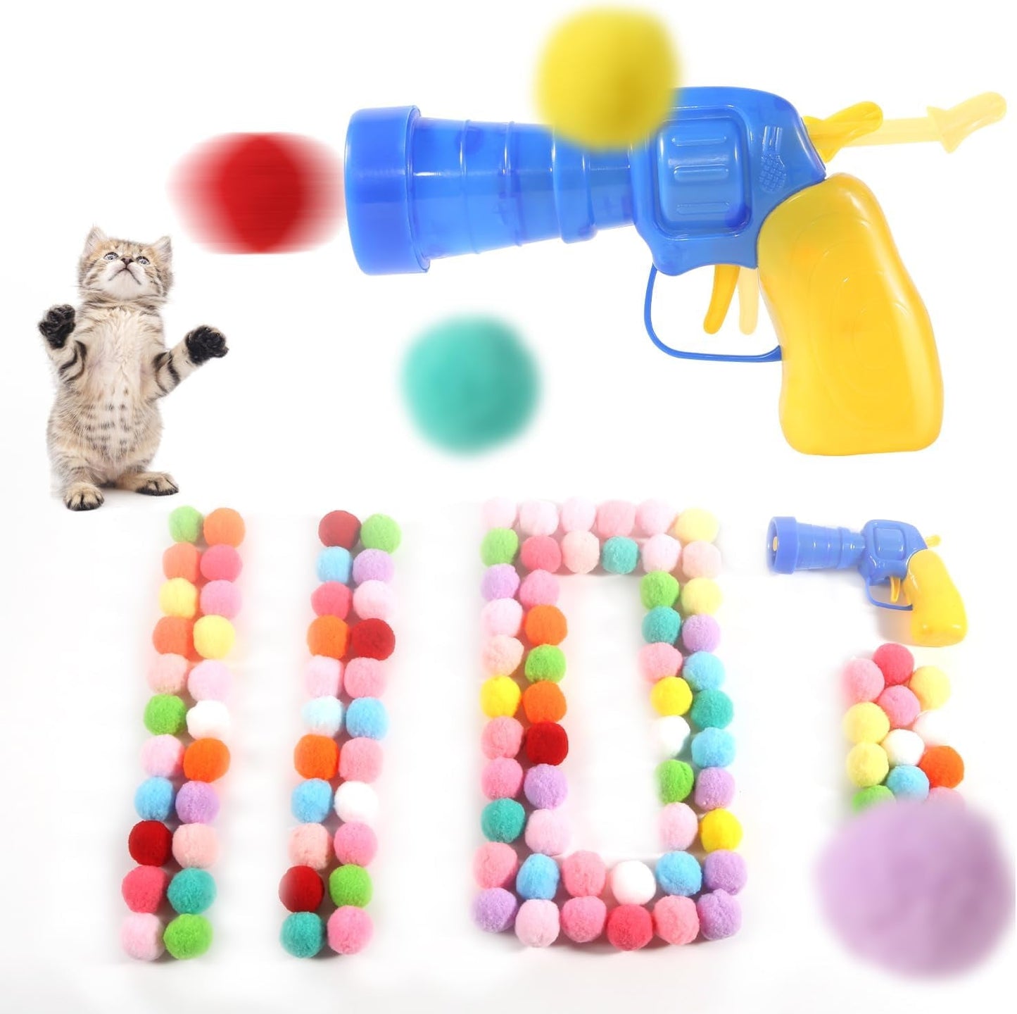 110 Balls Cat Toy Gun Launcher, 1.2" Plush Balls for Interactive Play & Hunting Instinct, Cat Toy Ball Launcher Gun for Cats, Cat Fetch Toy Gun Shooter, Cat Toys Interactive for Indoor Cats