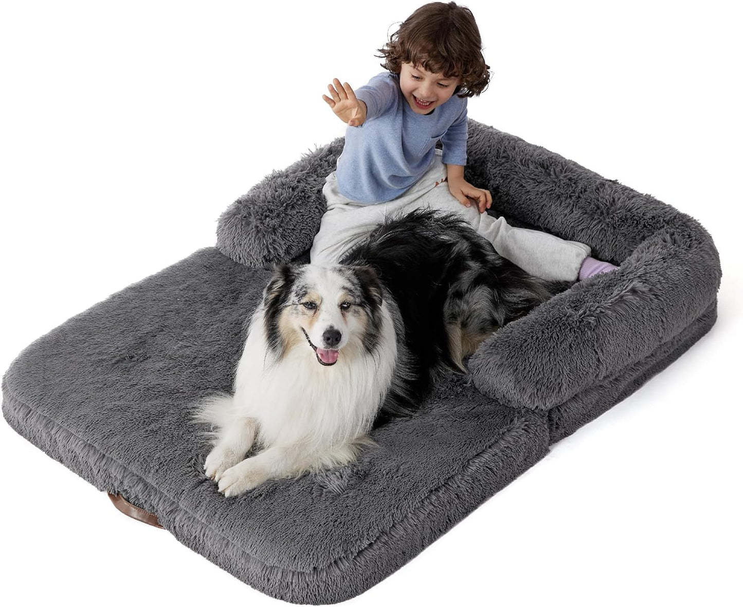 Bedsure Foldable Human Dog Bed for People Adults, 2 in 1 Calming Human Size Giant Dog Bed Fits Pet Families with Egg Foam Supportive Mat and Waterproof Liner, Faux Fur Orthopedic Dog Sofa, Camel