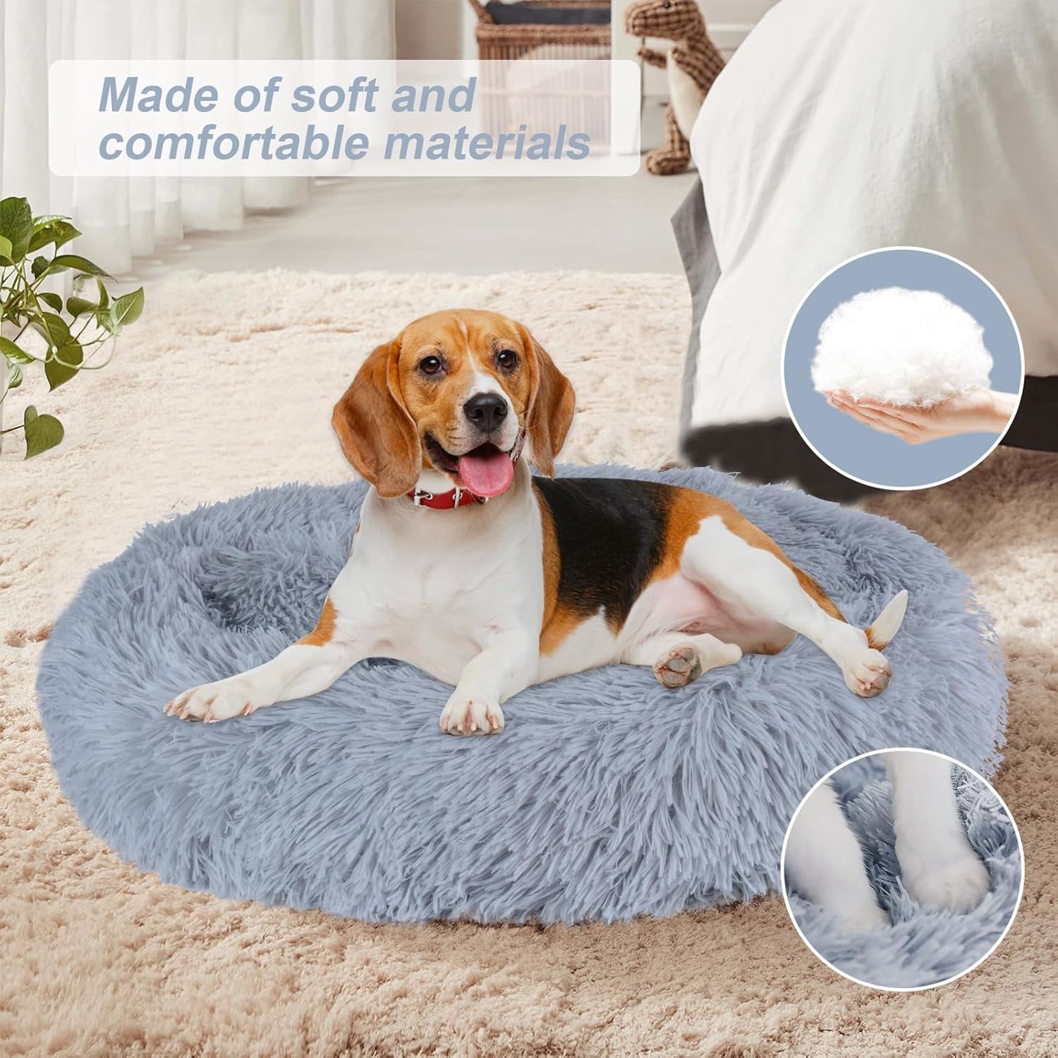 Calming Dog Bed for Small Medium Large Dogs, Soft Plush round Donut Cat Dog Bed, Anti-Anxiety Washable Donut Cuddler Pet Beds with Anti-Slip Bottom (30 X 30 Inch, Light Grey)