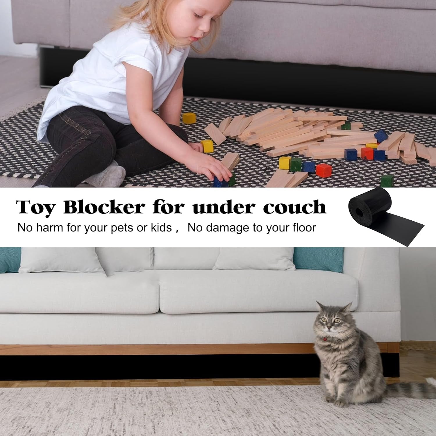 32.8 Feet under Bed Blocker for Pets Adjustable Gap Bumper Toy Blocker for under Couch with Adhesive Mounting Strap for Stopping Toys Going under Bed Couch Sofa(1 Roll, 3.9 Inch X 32.8 Feet)