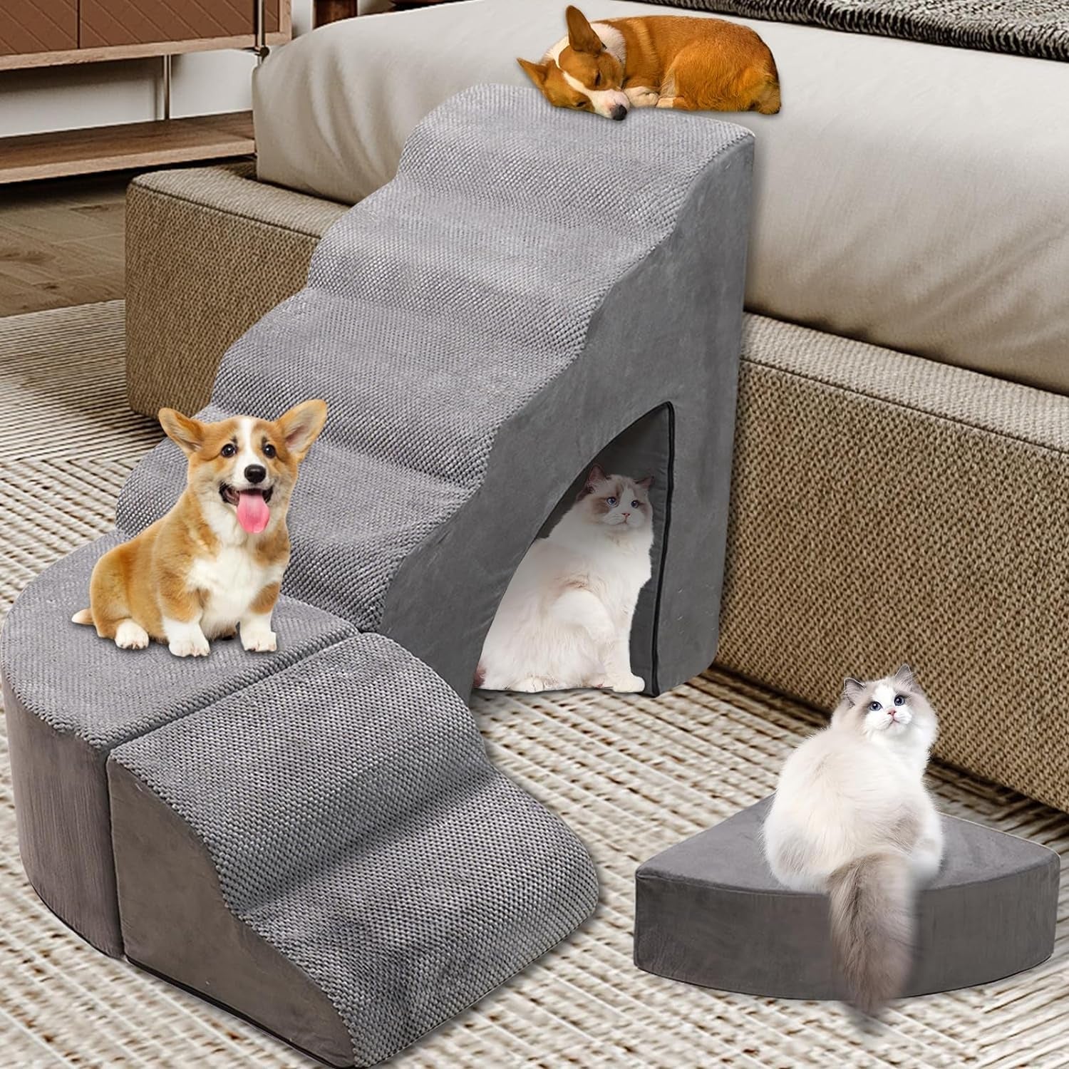 Foam Dog Stairs & Steps Ramps for High Beds 30-36 Inches High Tall, Litail 6 Step Pet Stairs/Steps for High Beds 30 Inch Large Dogs, Non-Slip Dog Ramps for Small Dogs, for Older Dogs/Cats Injured