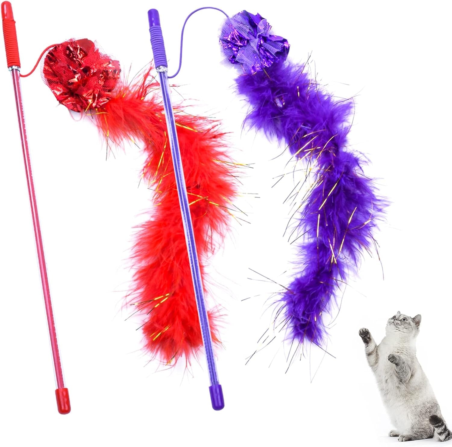 2 Pcs Cat Wand Toys,Interactive Cat Feather Toy,Purple and Red Funny Cat Stick for Home Cats, Cat Toy to Improve Responsiveness