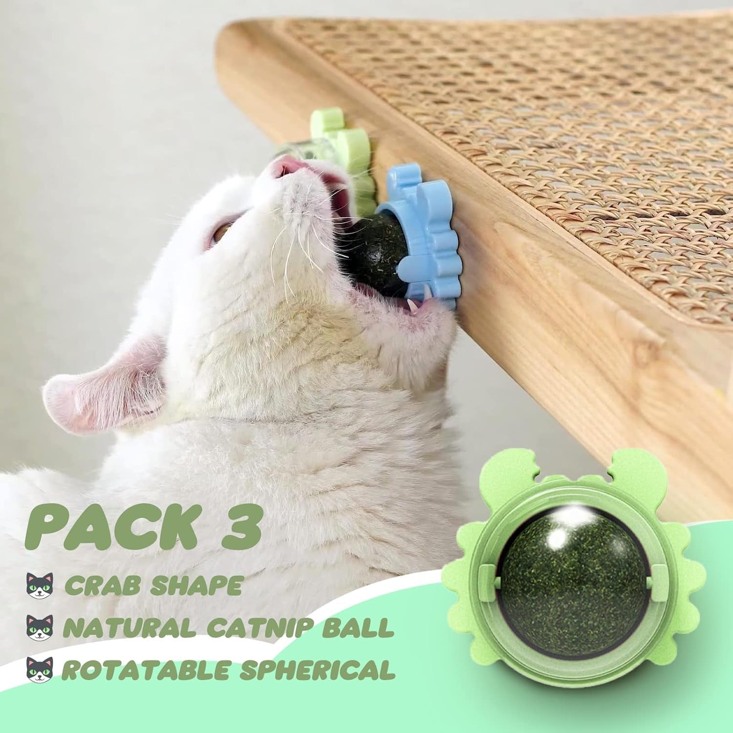 3 Pack Catnip Ball Toys, Squash Edible Cat Nips Organic Balls, Catnip Ball Wall Mount, Crab Avocado Catnip Cat Toy for Cats Kittens Lick, Teeth Cleaning, Natural Effective Engaging Play (Green)