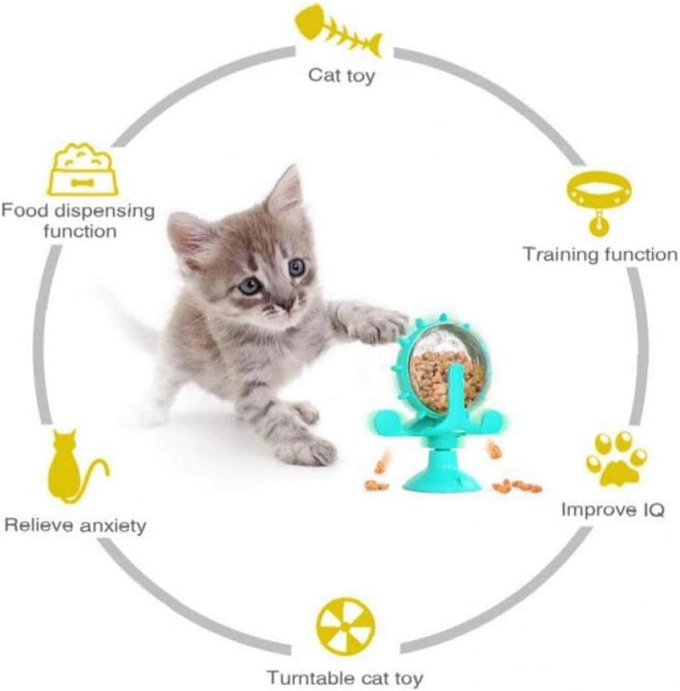 2 in 1 Cat Toy, Interactive Cat Food Dispensing Cat Feeder Toy with 360 Degree Rotating Wheel Suction Cup for Pet