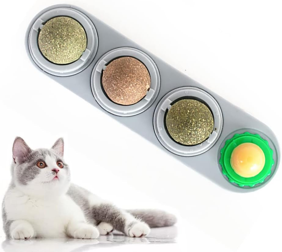 4 In1 Catnip Wall Balls for Cats, Cat Snack Catnip Ball Toys Natural Healthy Kitten Chew Toys Rotatable Indoor Cat Toy for Cat Teeth Cleaning Biting