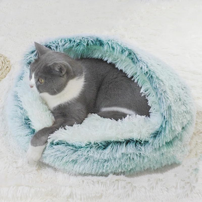 Fluffy Hooded round Cat Bed Cave with Hooded Blanket for Indoor Cats, Dog Beds for Small Dogs, Anti-Anxiety, Cozy Cuddler Luxury Puppy Bed, Anti-Slip Bottom and Machine Washable