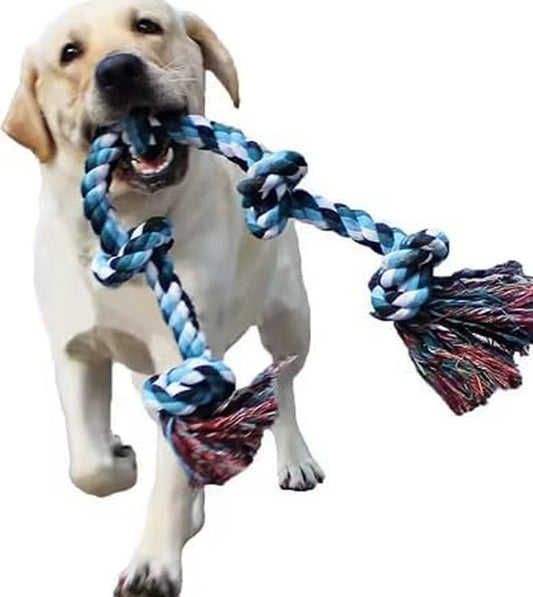 2 Foot Dog Rope Toys for Aggressive Chewers Dog 5 Knots Indestructible Cotton Rope for Medium Dogs, Blue and White