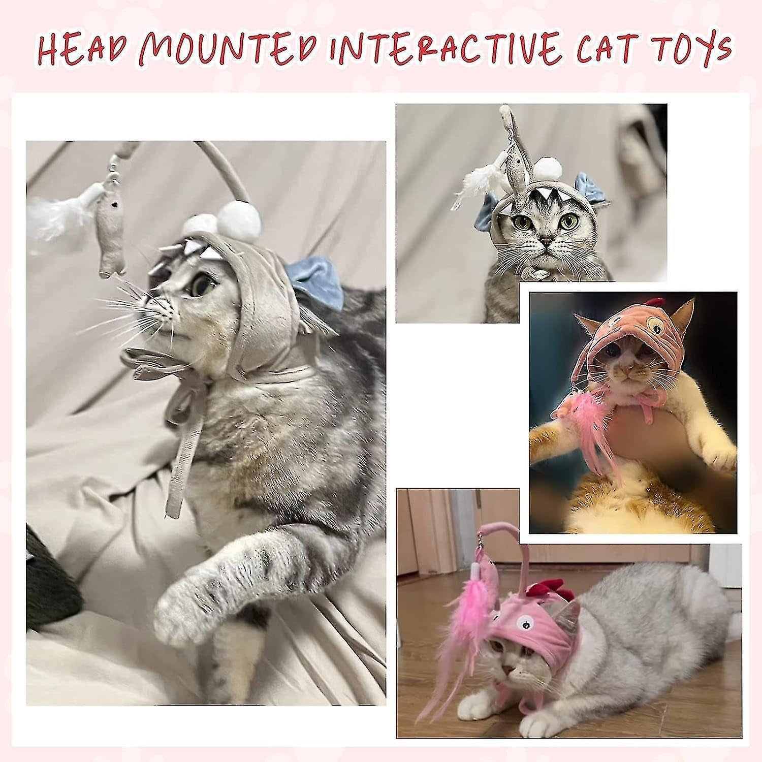 2PCS Head Mounted Cat Toy, Cat Feather Toy, Interactive Hanging Cat Hat Feather Toy with Hook Design for Indoor Kitten Cats