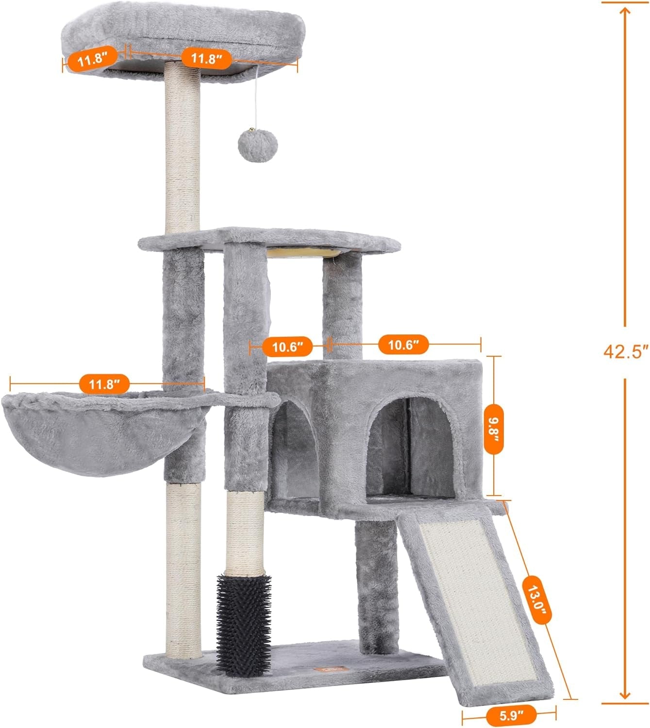 Heybly Cat Tree with Cat Self Groomer Brush, Cat Tower Condo for Indoor Cats with Padded Plush Perch,Feeding Bowl,Cat House with Basket Scratching Board Post, Light Gray HCT005SW