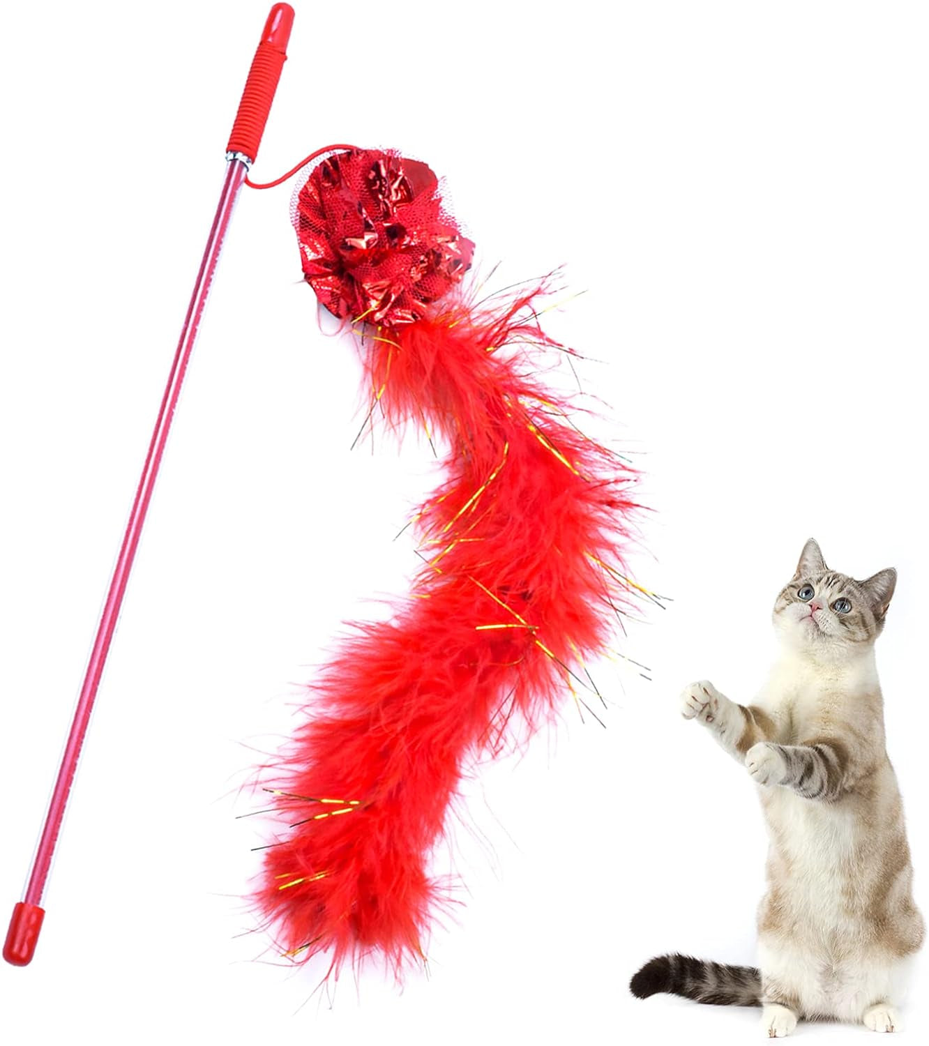 2 Pcs Cat Wand Toys,Interactive Cat Feather Toy,Purple and Red Funny Cat Stick for Home Cats, Cat Toy to Improve Responsiveness