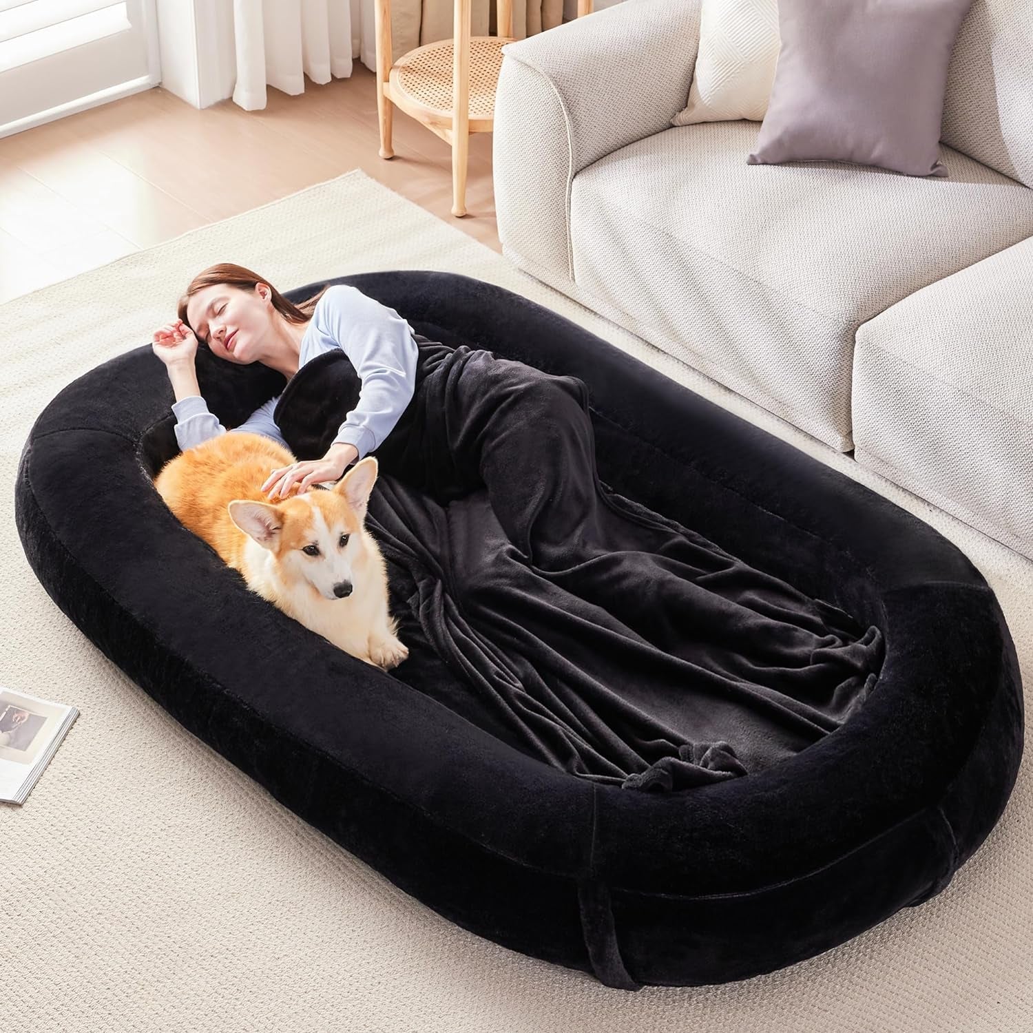 Human Dog Bed for People Adults, Giant Bean Bag Bed with Blanket 72"X48"X10", Washable Faux Fur Nap Bed Adult Oval for People, Removable Large Memory Foam Human Sized Dog Bed Brown