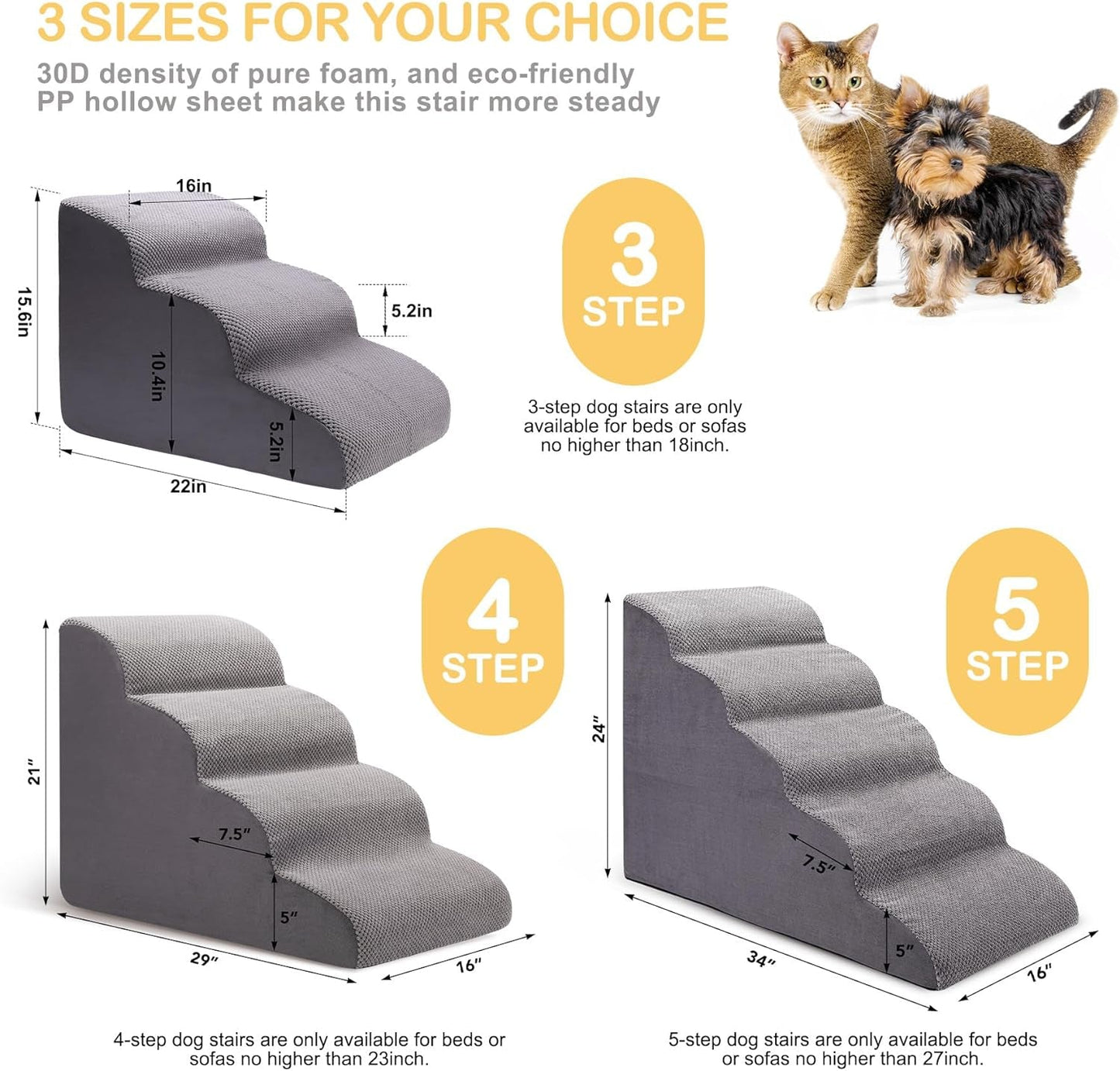 Dog Stairs for Bed, 5-Step Dog Steps for Couch and High Bed, Non-Slip Pet Stairs, 24" High Sofa Foam Dog Ramp - Best for Small Pets, Older Dogs, Cats with Joint Pain