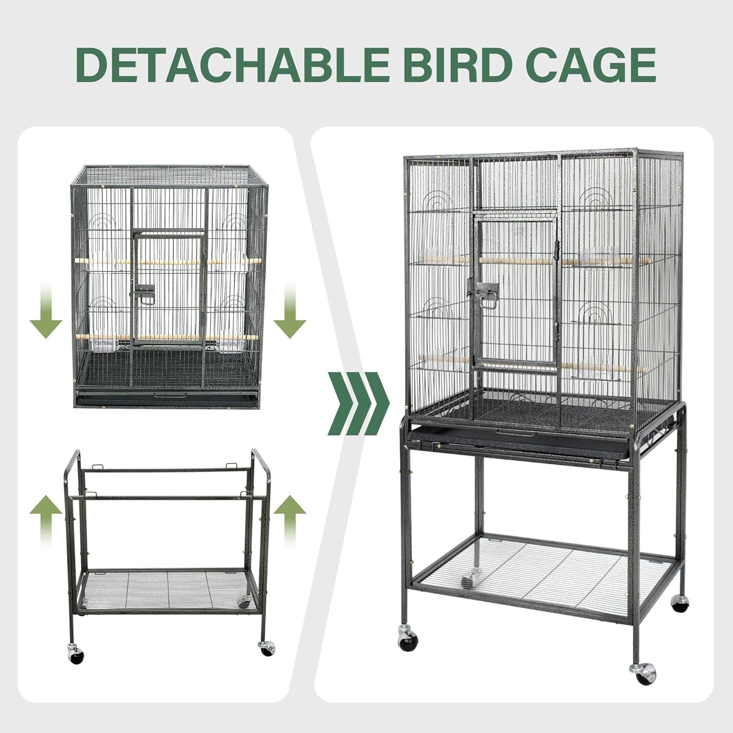 ZENY 53-Inch Bird Flight Cage, Wrought Iron Standing Large with Rolling Stand for Cockatiels Pet Parrot Parakeet Lovebird Canary Finch (Black)